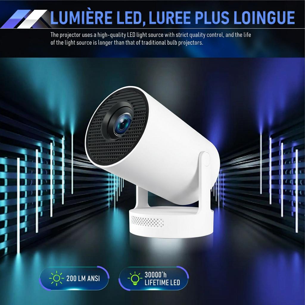 Projecteur portable intelligent 4K haut de gamme 720p Wi-Fi 6 pour home cinéma avec correction automatique de l'échelle - Modèle n° HY300Plus