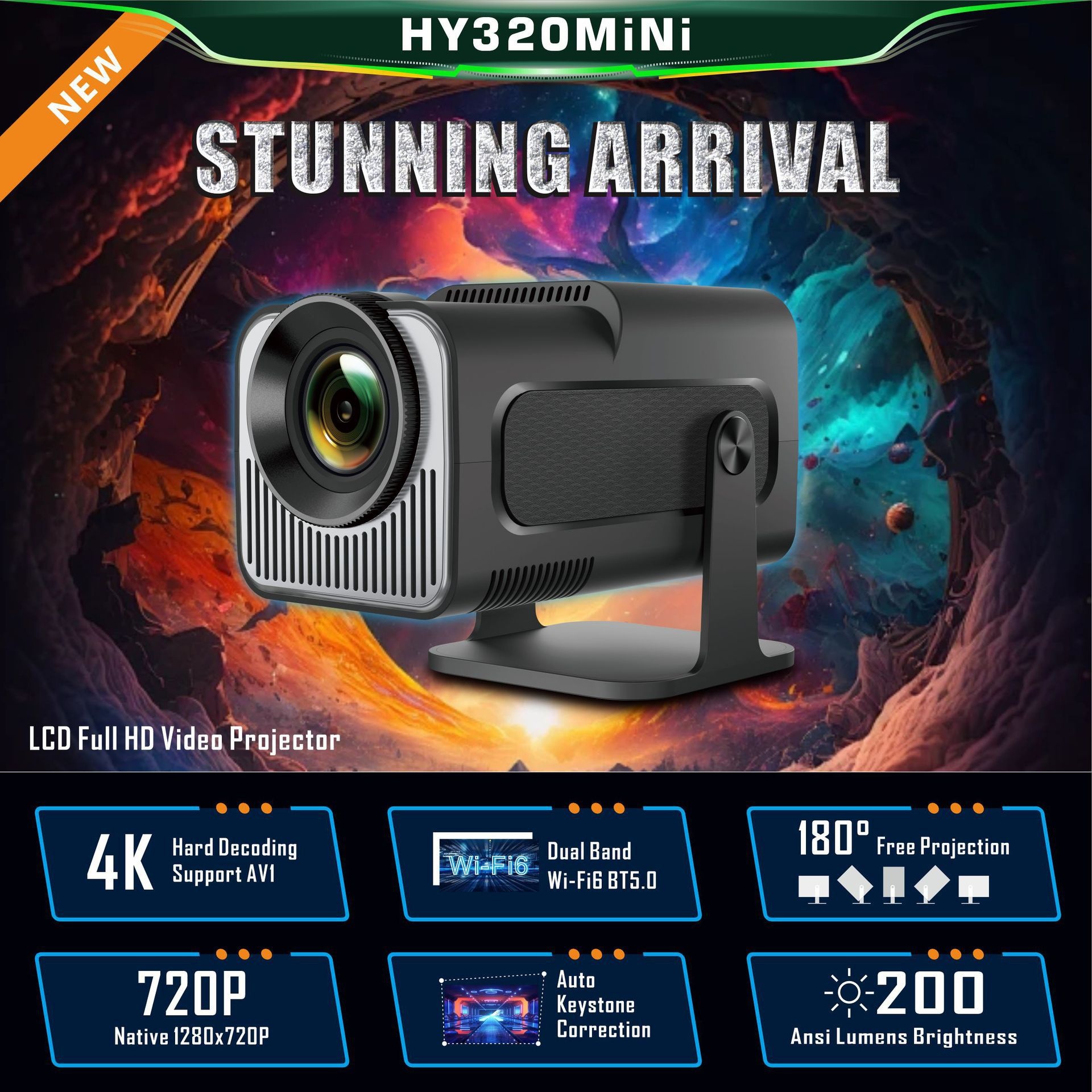 Mini Portable Smart Projector 4K Support Android 11.0 with auto ladder correction - Model#HY320mini
