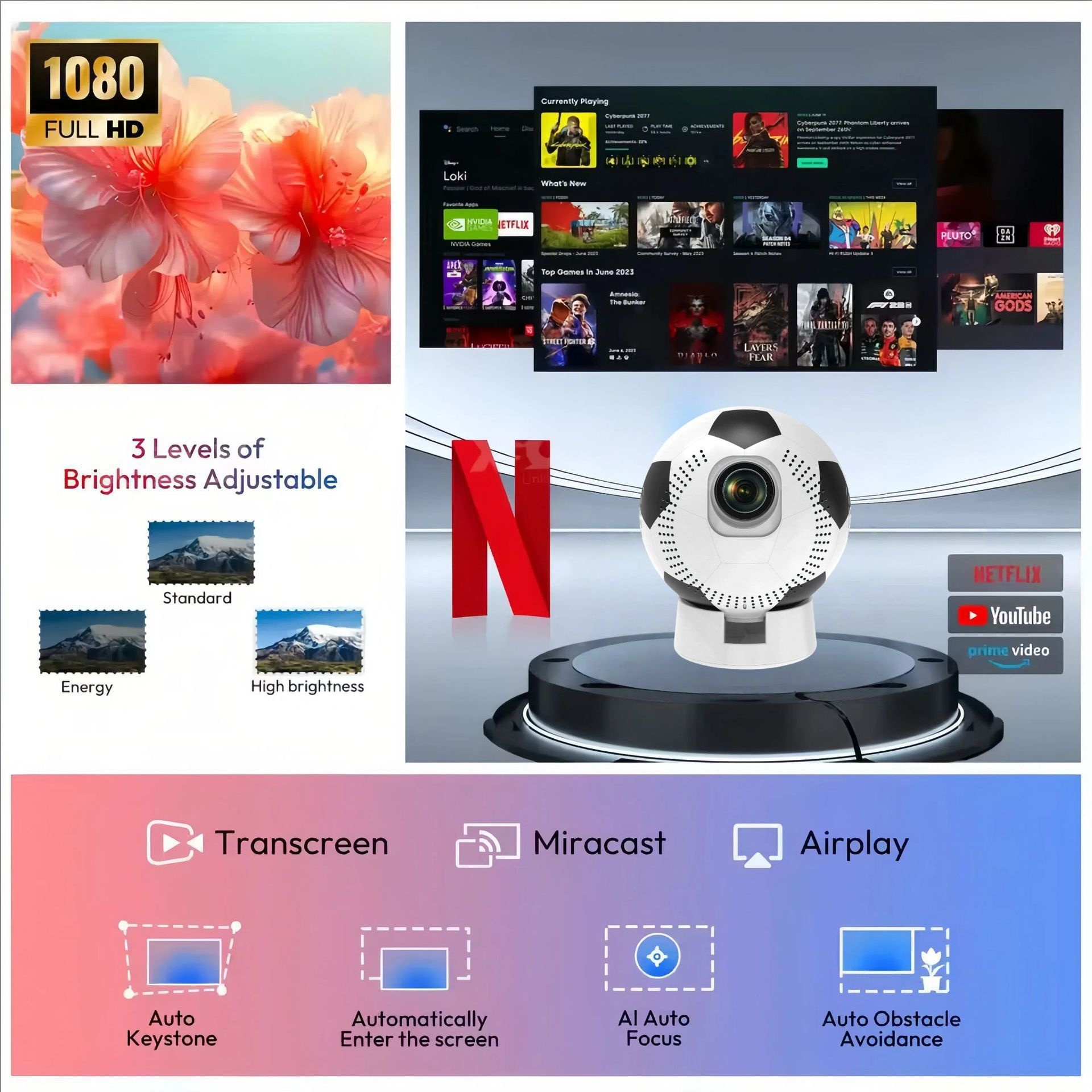 Projecteur intelligent 4K pour la Coupe du Monde de Football 2026 - Compatible Android 13, résolution HD 1080p, écran jusqu'à 130 pouces - Modèle n° Q8
