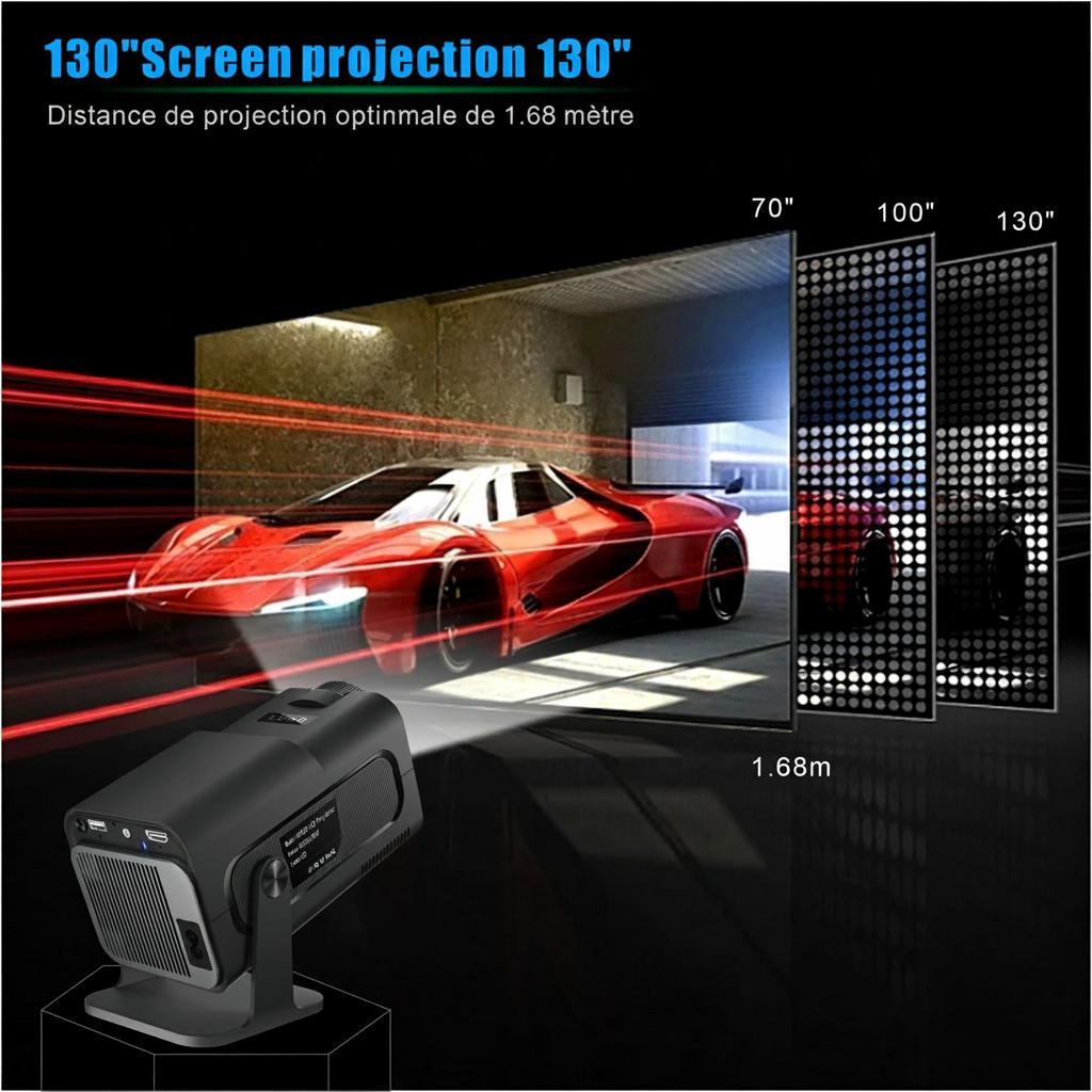 Projecteur portable intelligent Android 11.0, écran 130", Wi-Fi BT-6 - Modèle n° HY320