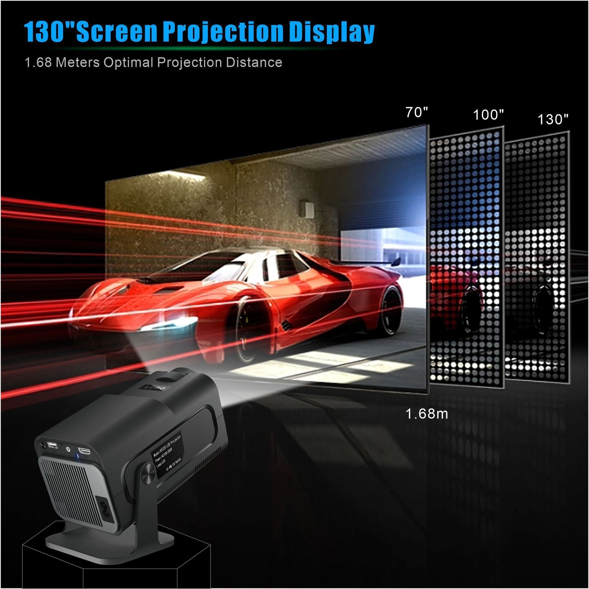 Smart Android 11.0 Portable Projector 130" Display Wi-Fi BT-6 - Model#HY320