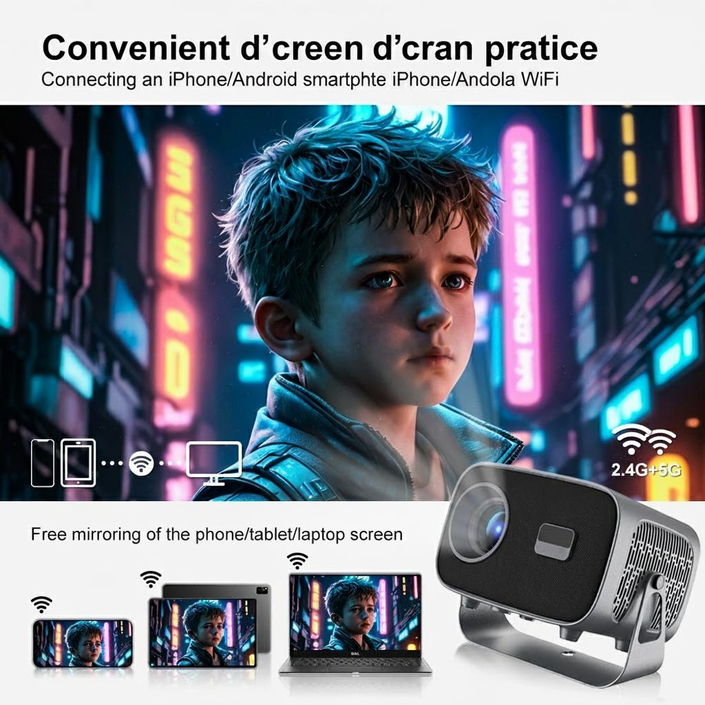 Projecteur intelligent portable 4K avec Android 11, WiFi BT-5 et Bluetooth et mise au point électronique automatique - Modèle n° A10