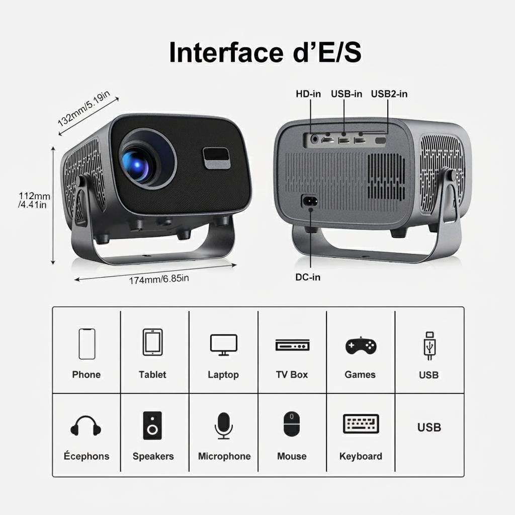 Projecteur intelligent portable 4K avec Android 11, WiFi BT-5 et Bluetooth et mise au point électronique automatique - Modèle n° A10