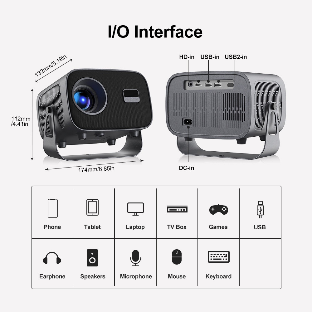 Portable 4K Smart Projector with Android 11, WiFi BT-5 & Bluetooth with auto electronic focus - Model#A10