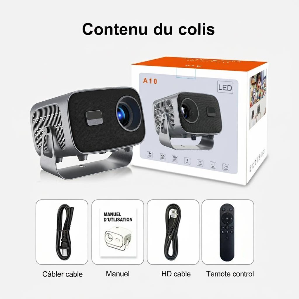 Projecteur intelligent portable 4K avec Android 11, WiFi BT-5 et Bluetooth et mise au point électronique automatique - Modèle n° A10