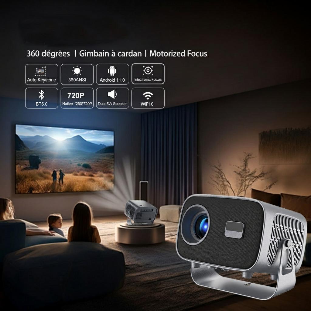 Projecteur intelligent portable 4K avec Android 11, WiFi BT-5 et Bluetooth et mise au point électronique automatique - Modèle n° A10