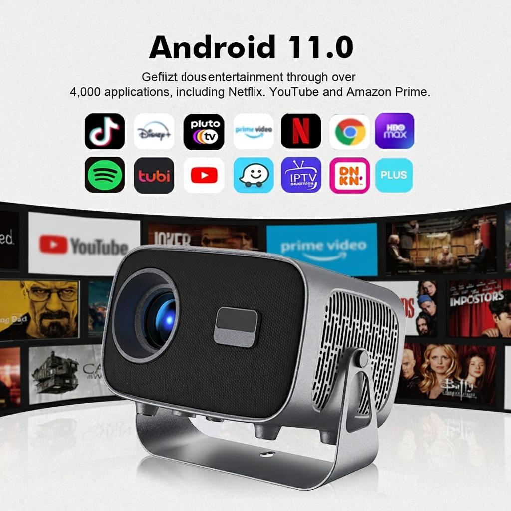 Projecteur intelligent portable 4K avec Android 11, WiFi BT-5 et Bluetooth et mise au point électronique automatique - Modèle n° A10