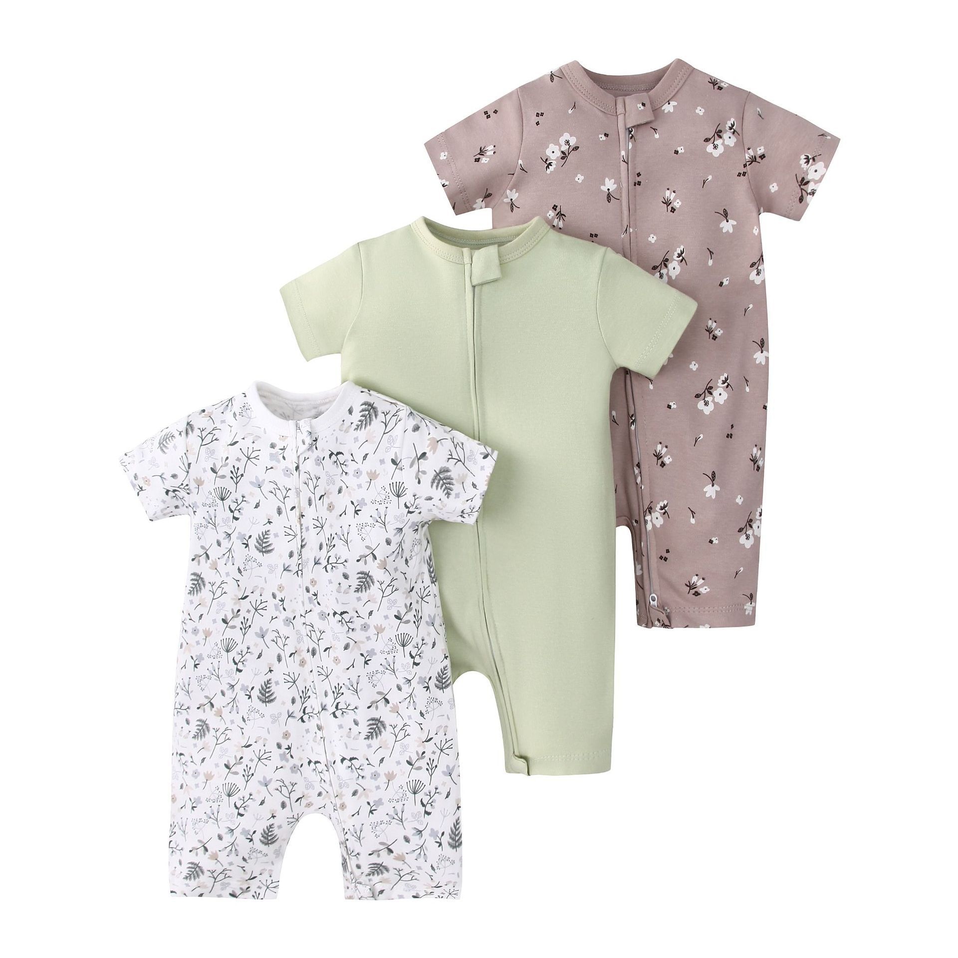 Baby 3-pack rompertjes met korte mouwen en ritssluiting - Zachte katoenen slaapzakjes