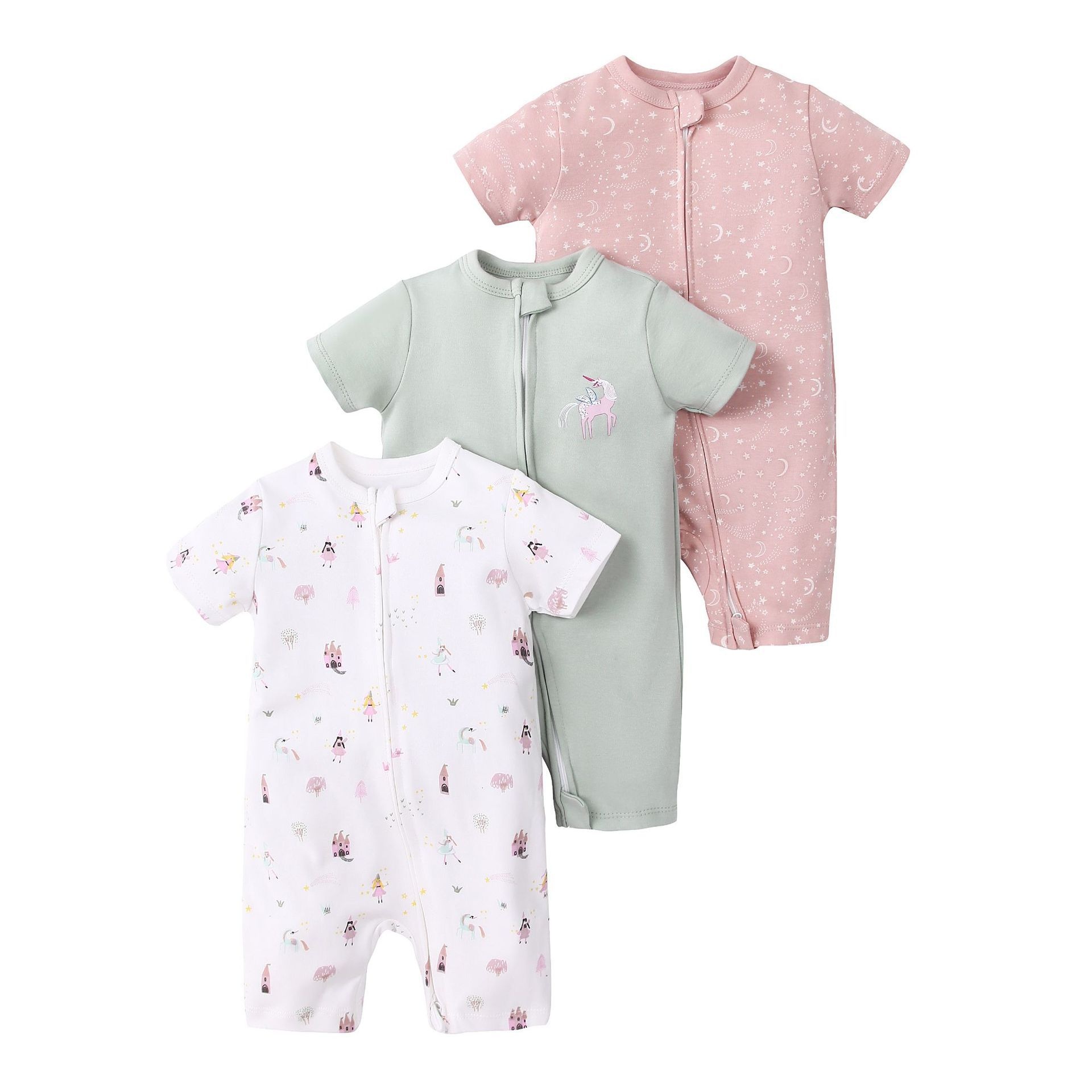 Baby 3-pack rompertjes met korte mouwen en ritssluiting - Zachte katoenen slaapzakjes