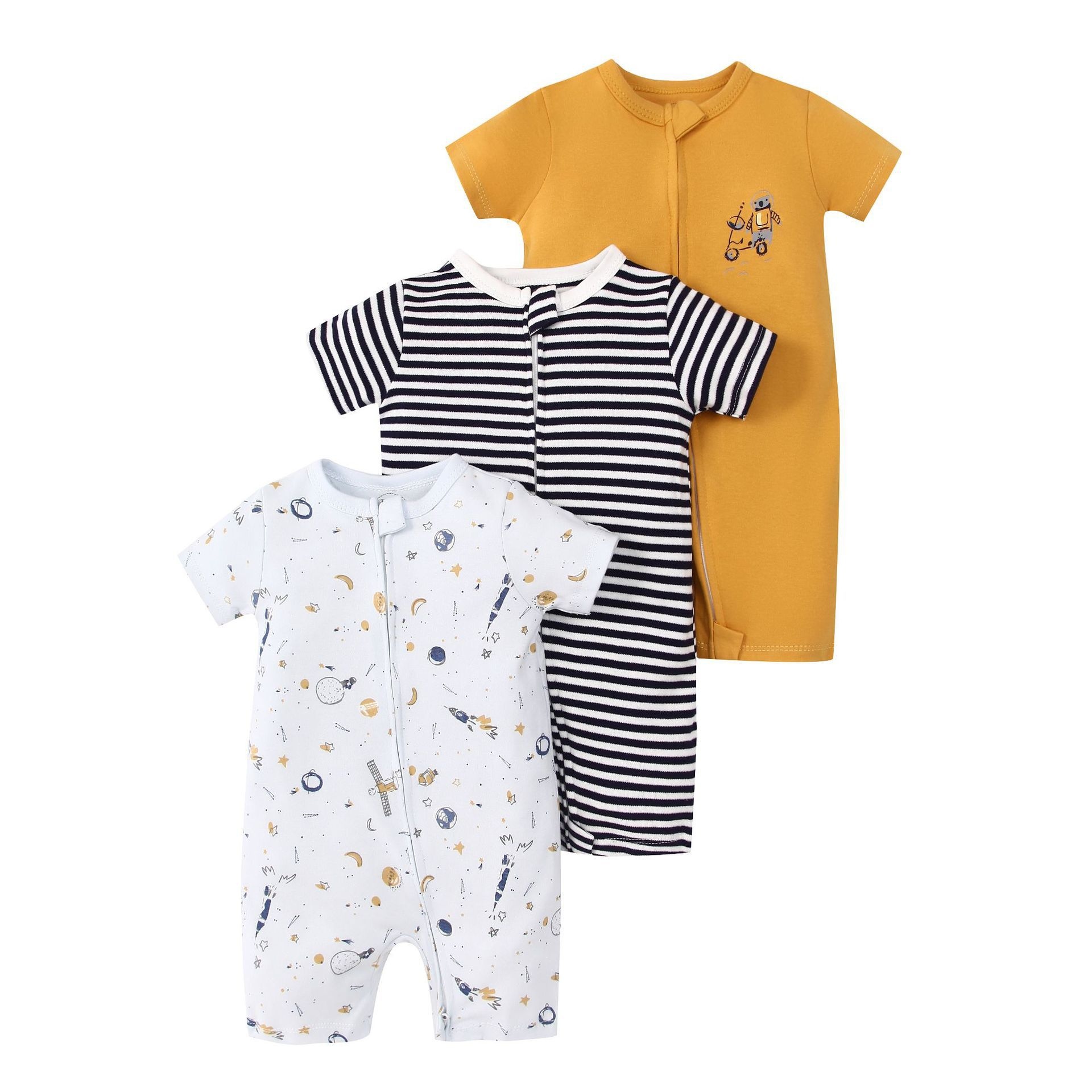 Baby 3-pack rompertjes met korte mouwen en ritssluiting - Zachte katoenen slaapzakjes