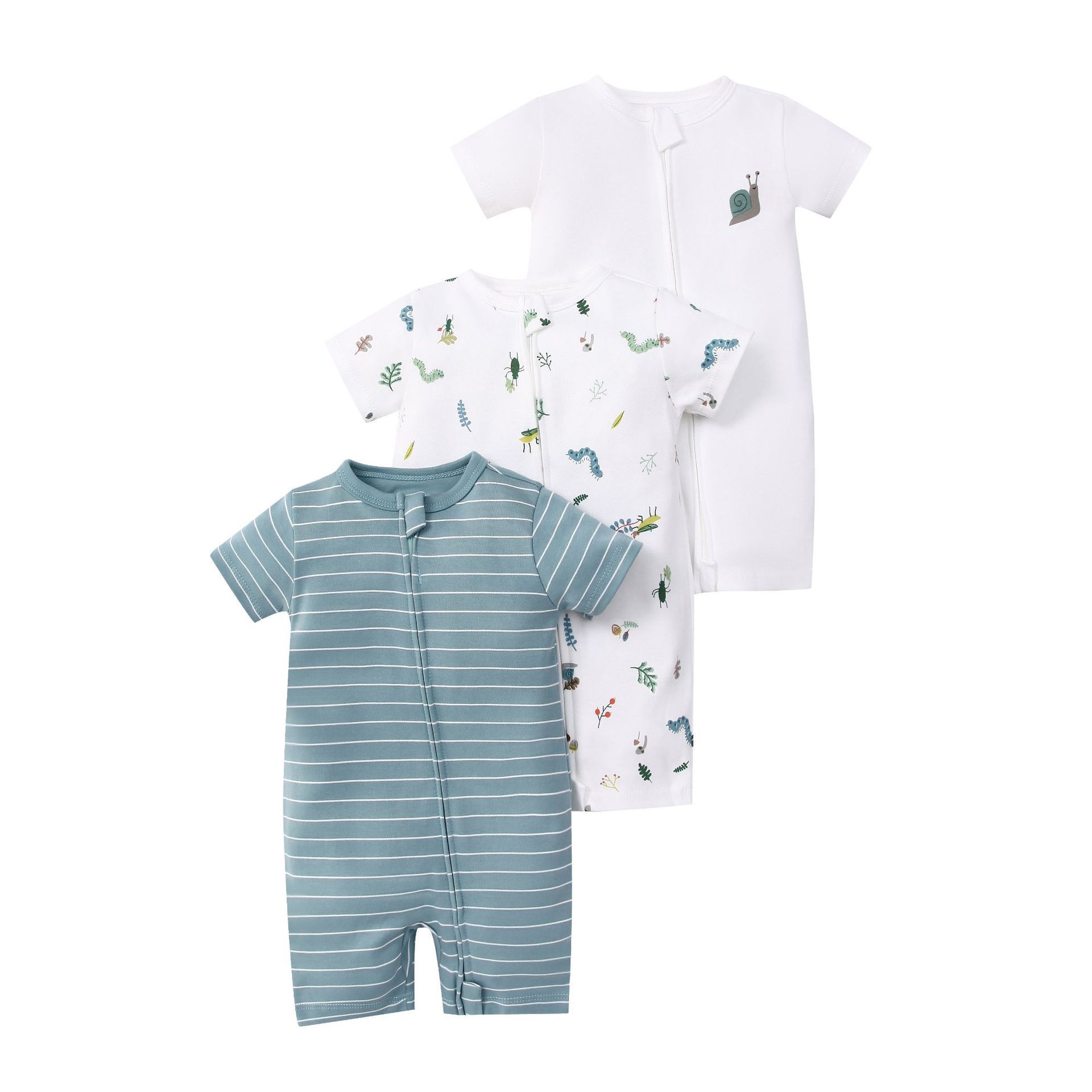 Baby 3-pack rompertjes met korte mouwen en ritssluiting - Zachte katoenen slaapzakjes