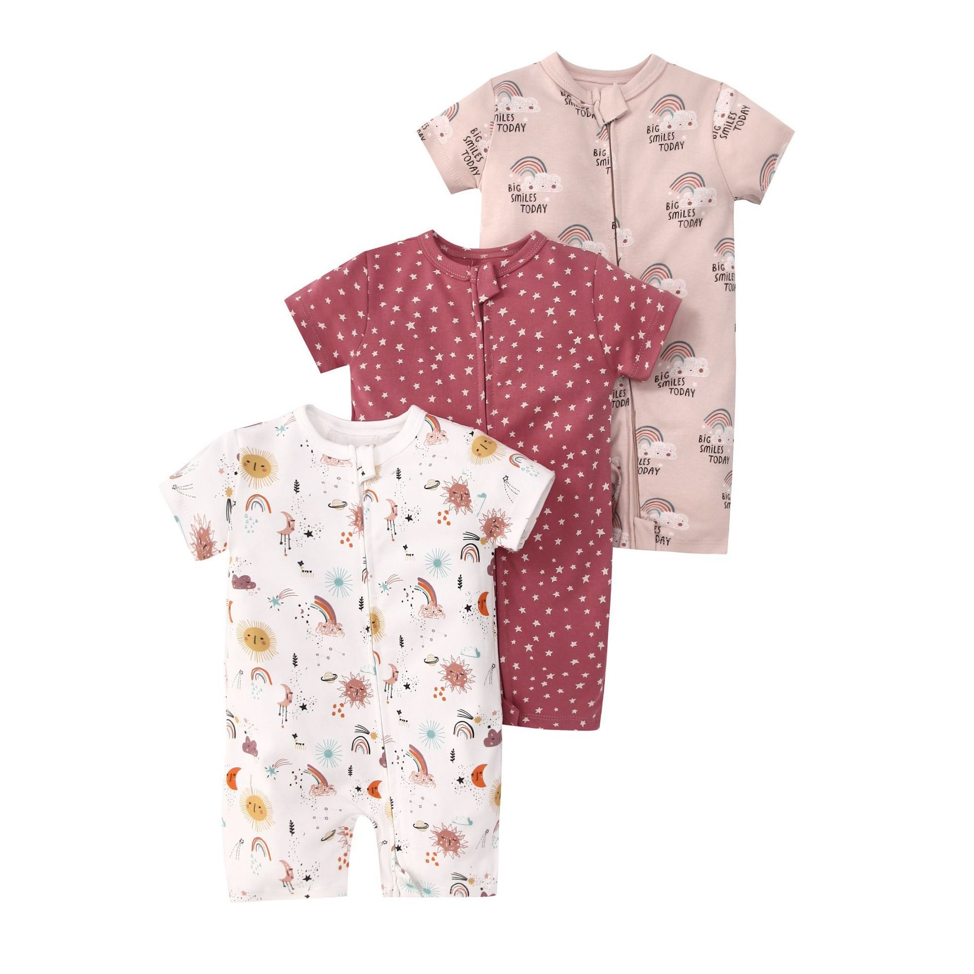 Baby 3-pack rompertjes met korte mouwen en ritssluiting - Zachte katoenen slaapzakjes
