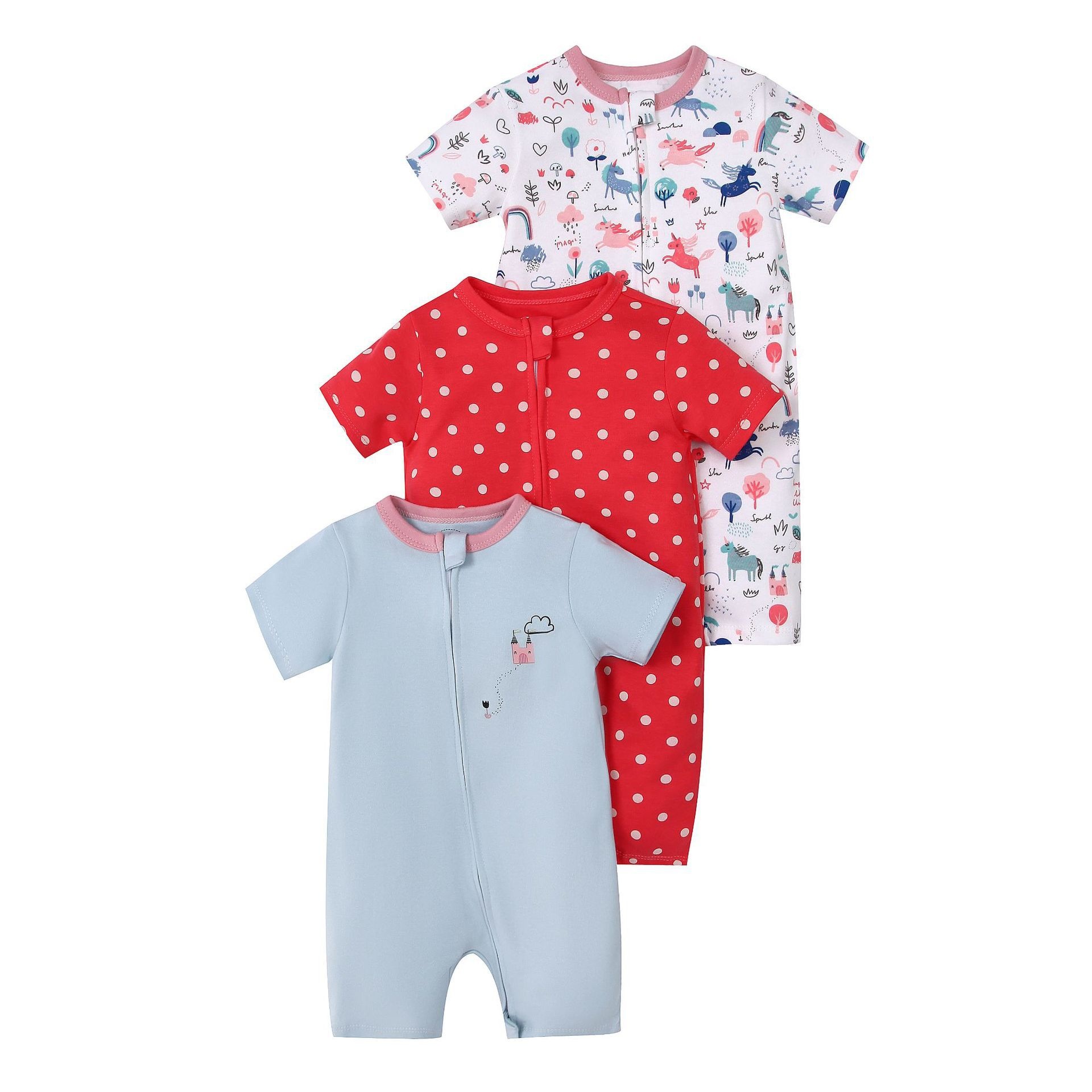 Baby 3-pack rompertjes met korte mouwen en ritssluiting - Zachte katoenen slaapzakjes