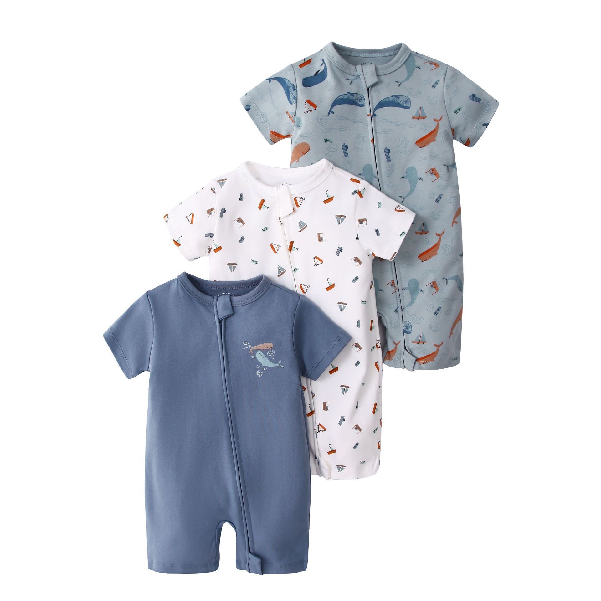 Baby 3-pack rompertjes met korte mouwen en ritssluiting - Zachte katoenen slaapzakjes