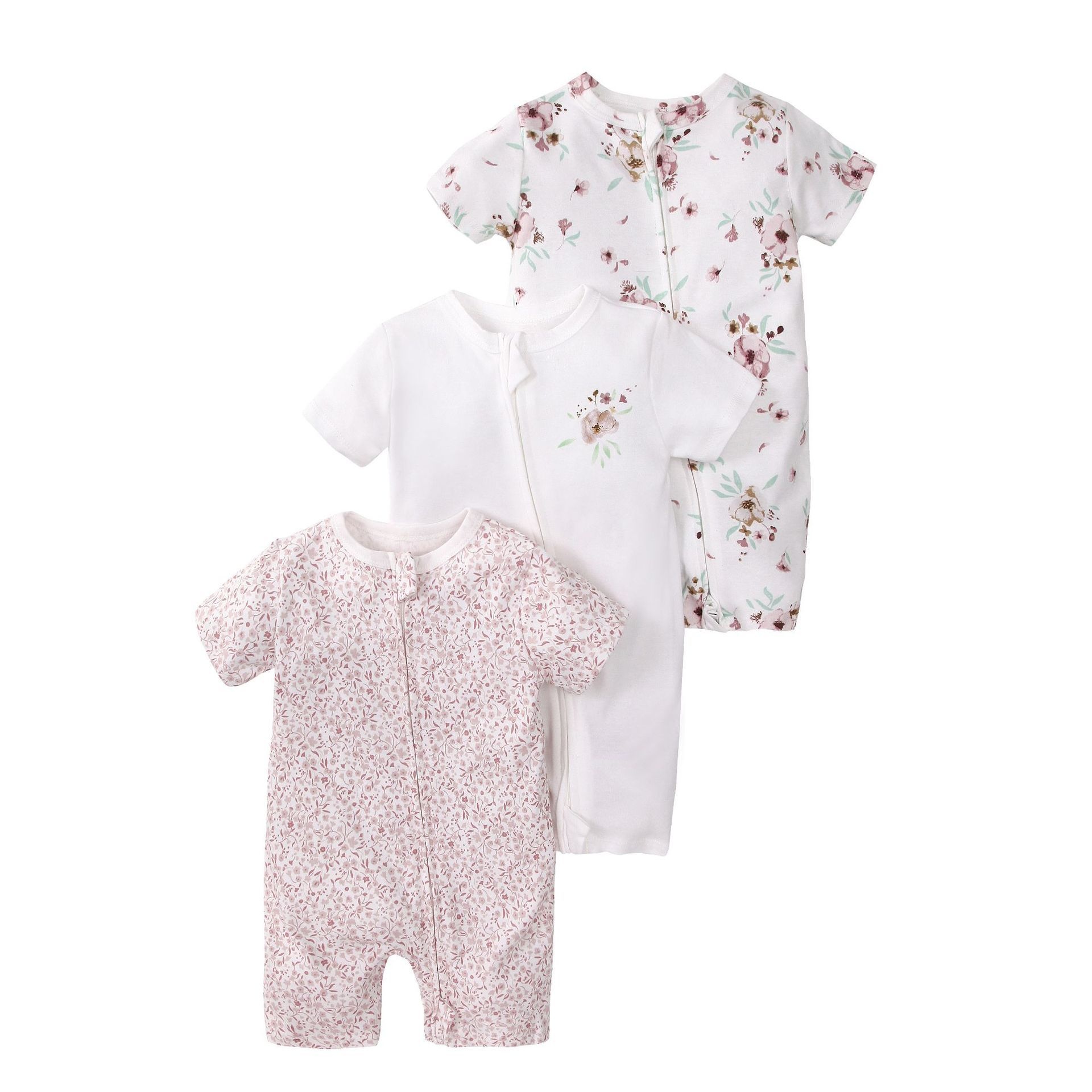 Baby 3-pack rompertjes met korte mouwen en ritssluiting - Zachte katoenen slaapzakjes