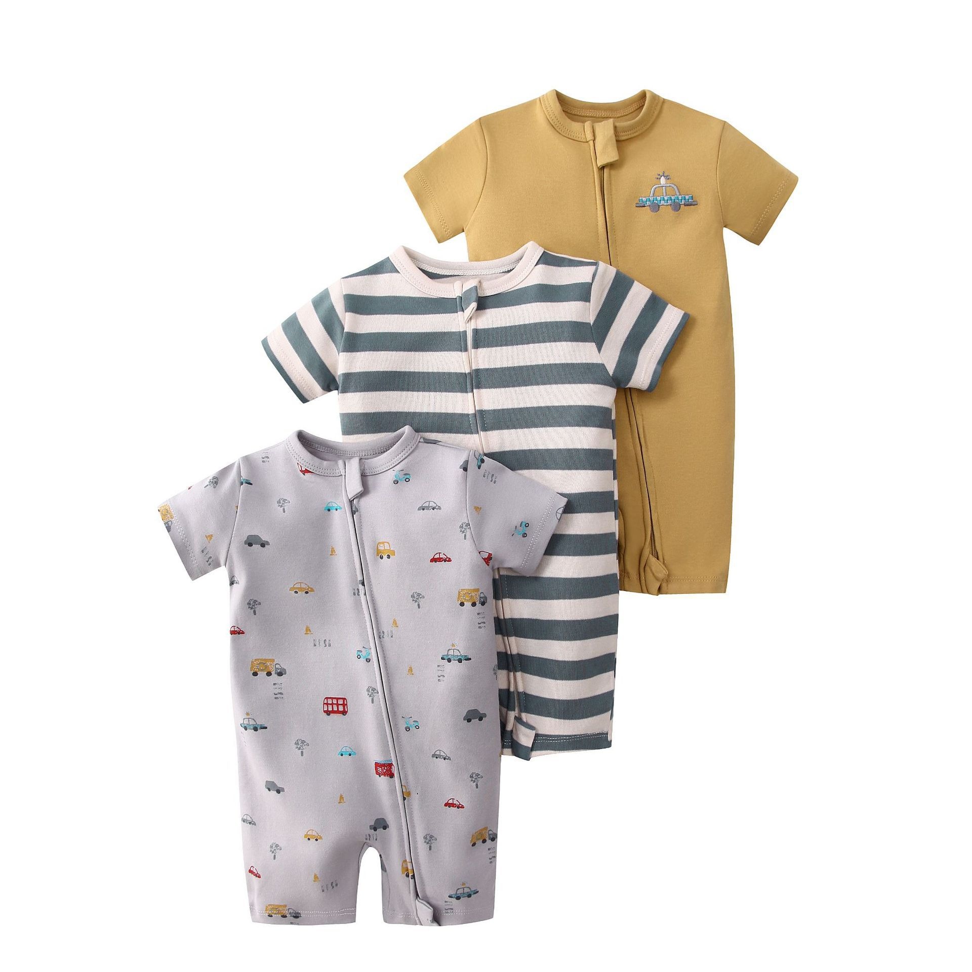Baby 3-pack rompertjes met korte mouwen en ritssluiting - Zachte katoenen slaapzakjes