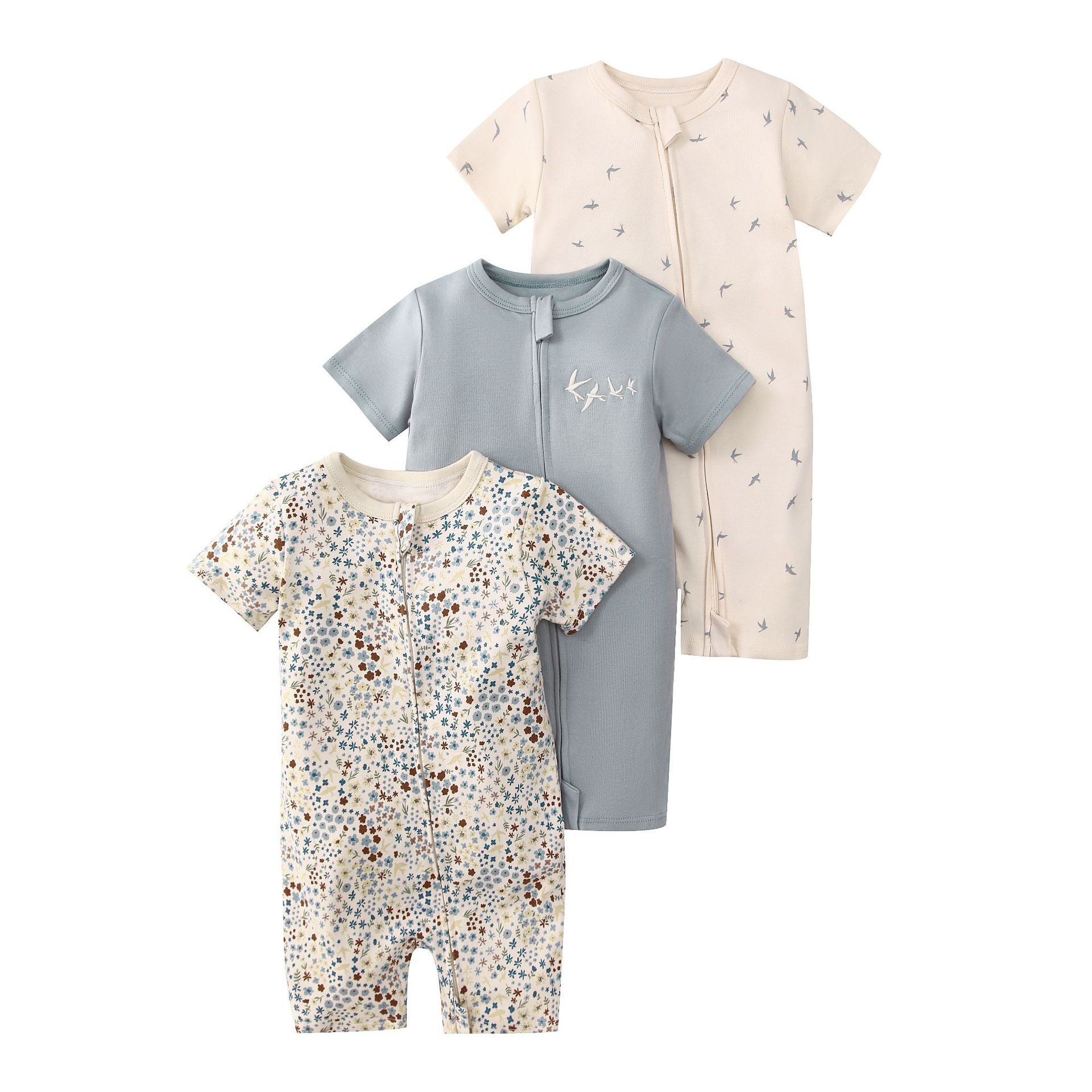 Baby 3-pack rompertjes met korte mouwen en ritssluiting - Zachte katoenen slaapzakjes