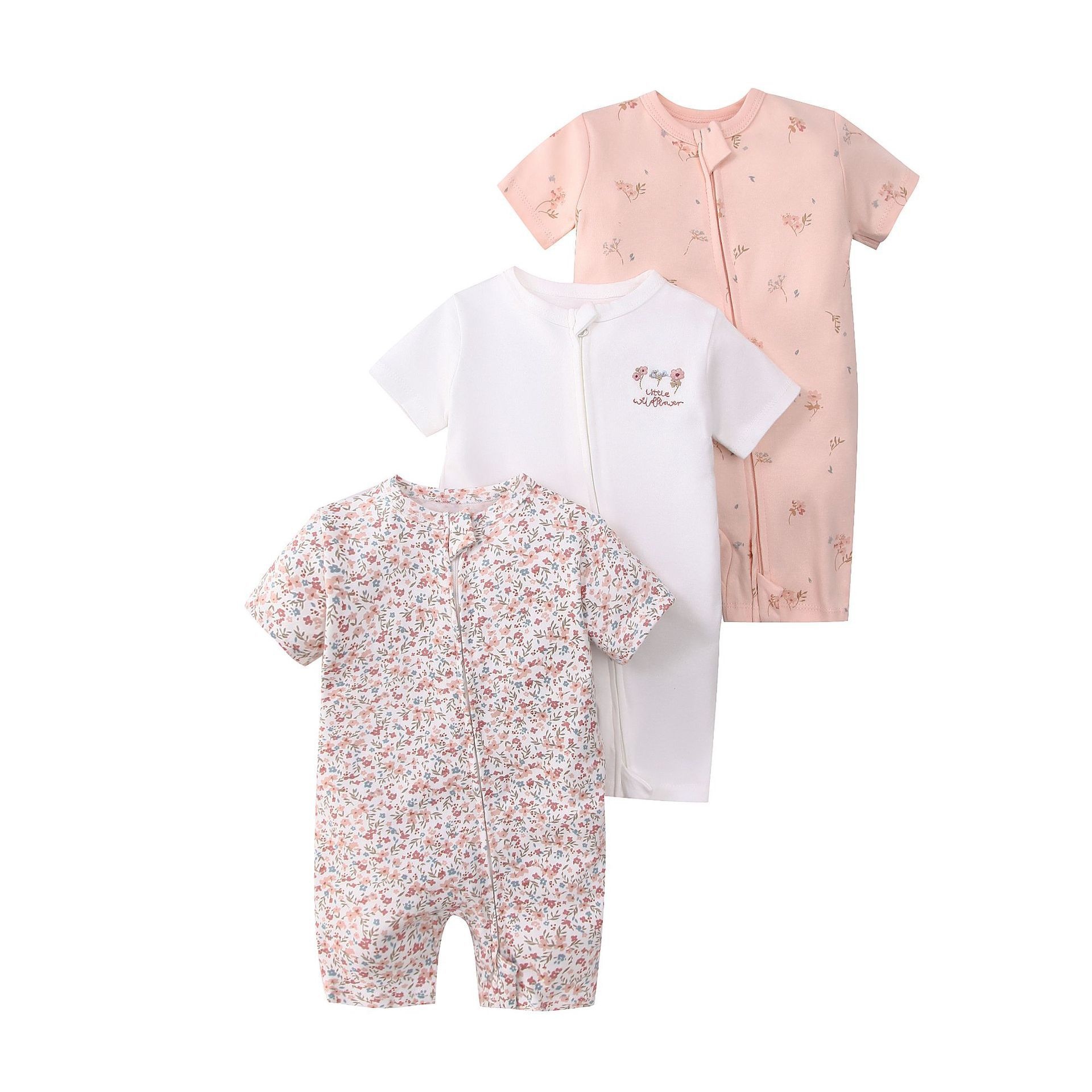 Baby 3-pack rompertjes met korte mouwen en ritssluiting - Zachte katoenen slaapzakjes