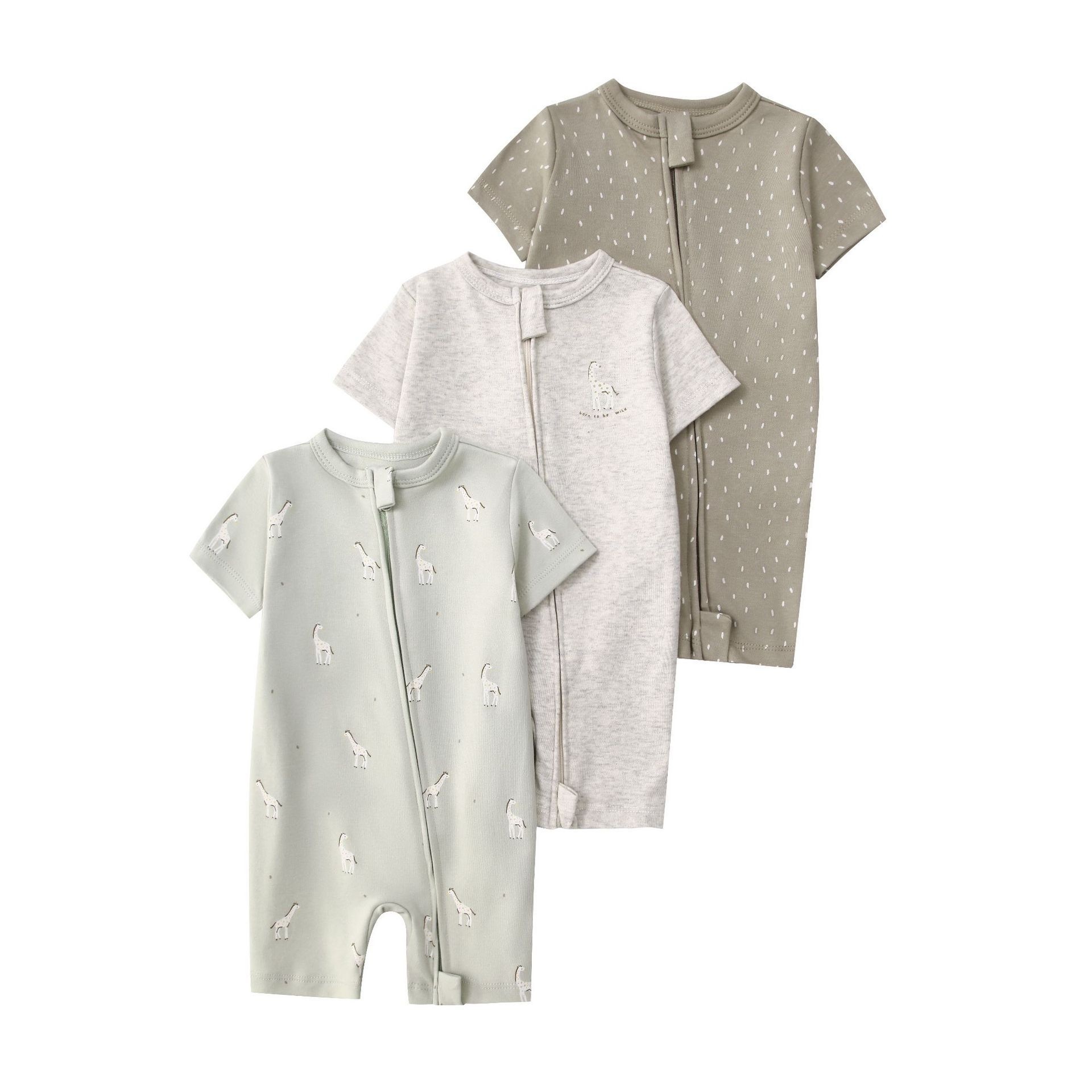 Baby 3-pack rompertjes met korte mouwen en ritssluiting - Zachte katoenen slaapzakjes