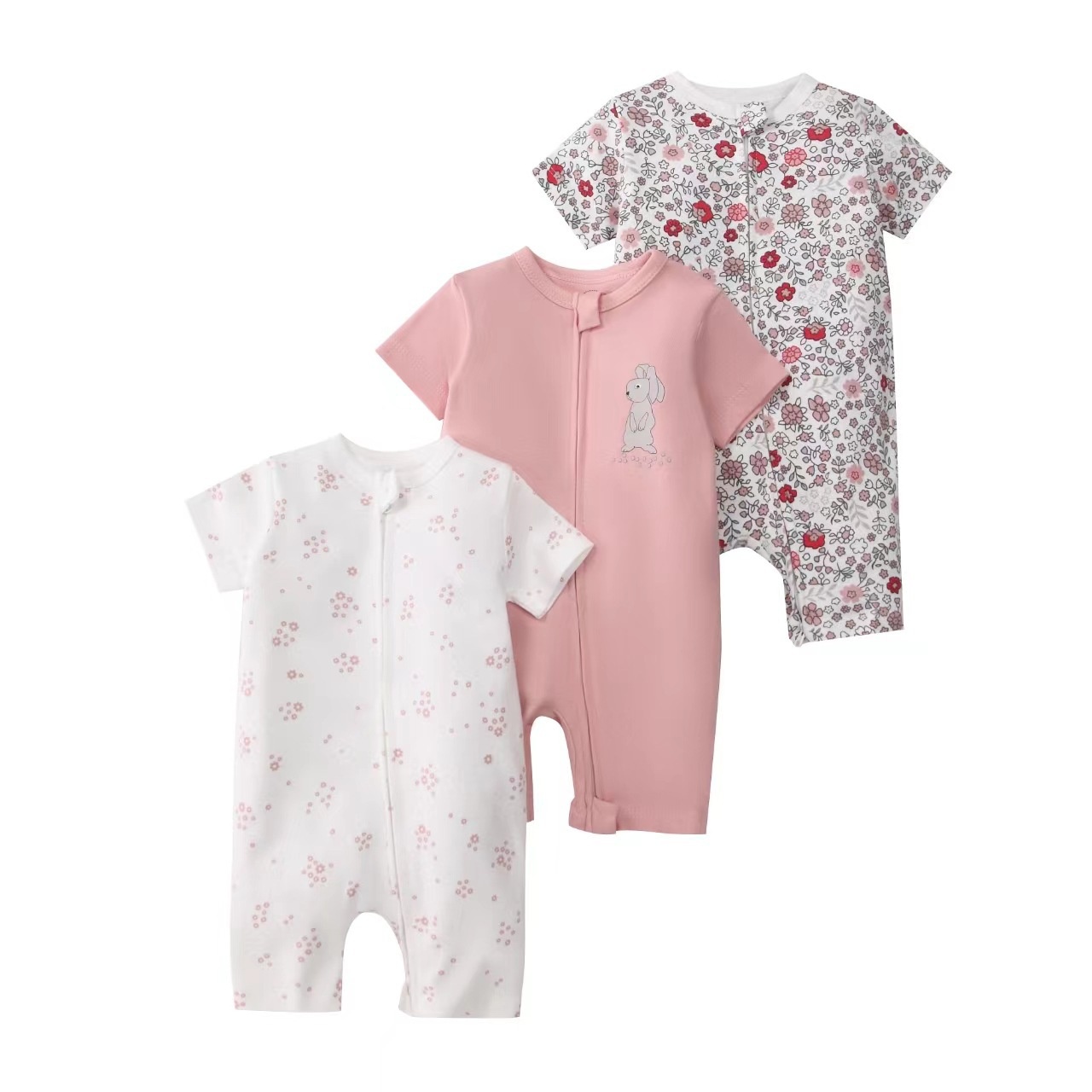 Baby 3-pack rompertjes met korte mouwen en ritssluiting - Zachte katoenen slaapzakjes
