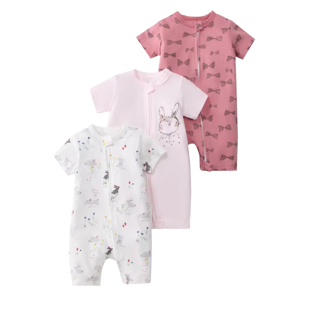 Baby 3-pack rompertjes met korte mouwen en ritssluiting - Zachte katoenen slaapzakjes