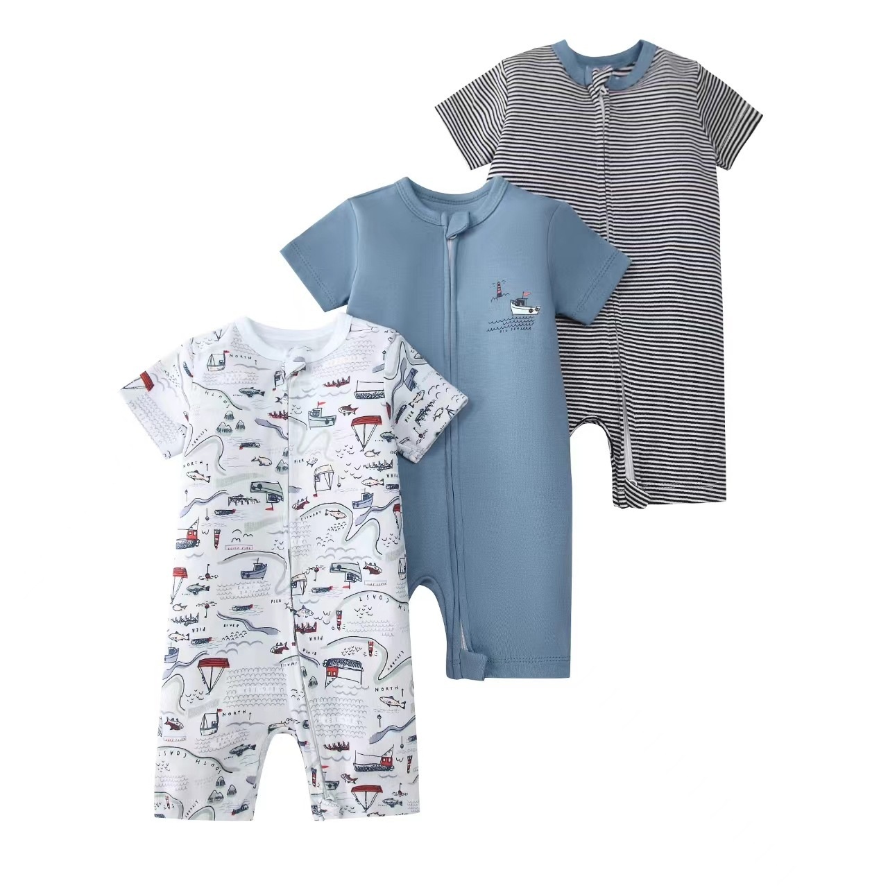 Baby 3-pack rompertjes met korte mouwen en ritssluiting - Zachte katoenen slaapzakjes