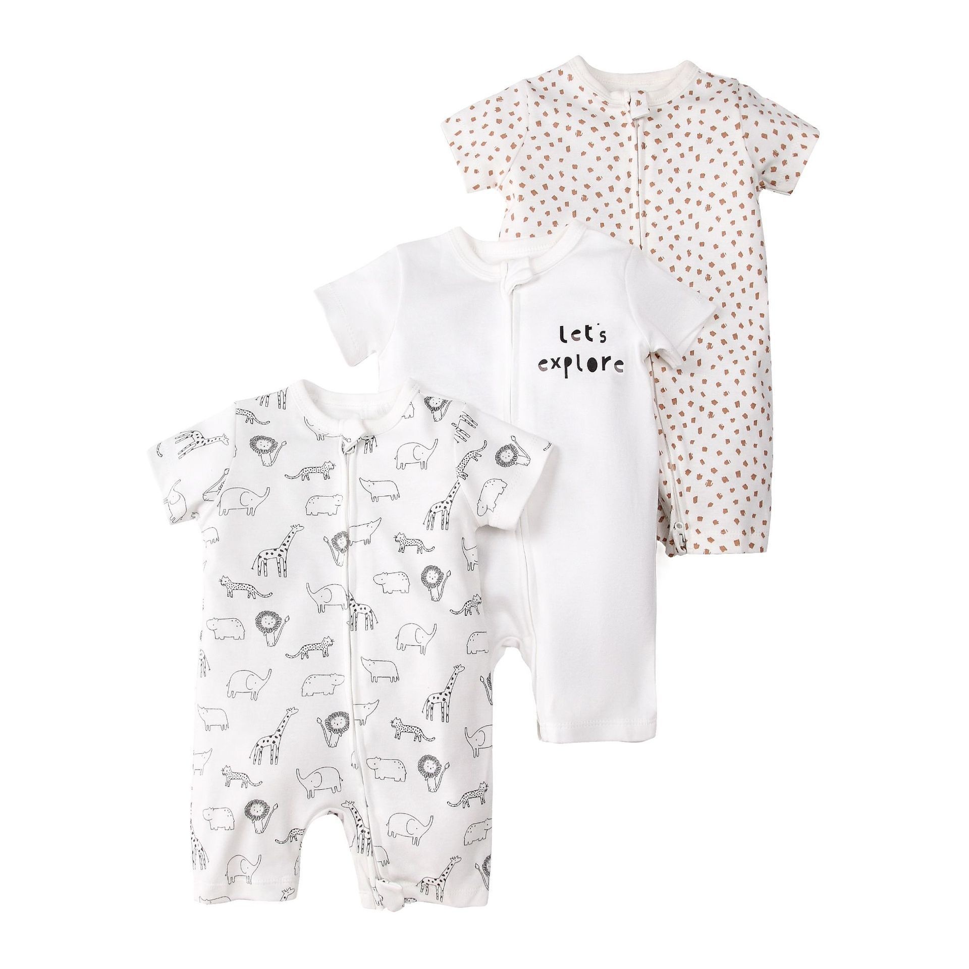 Baby 3-pack rompertjes met korte mouwen en ritssluiting - Zachte katoenen slaapzakjes