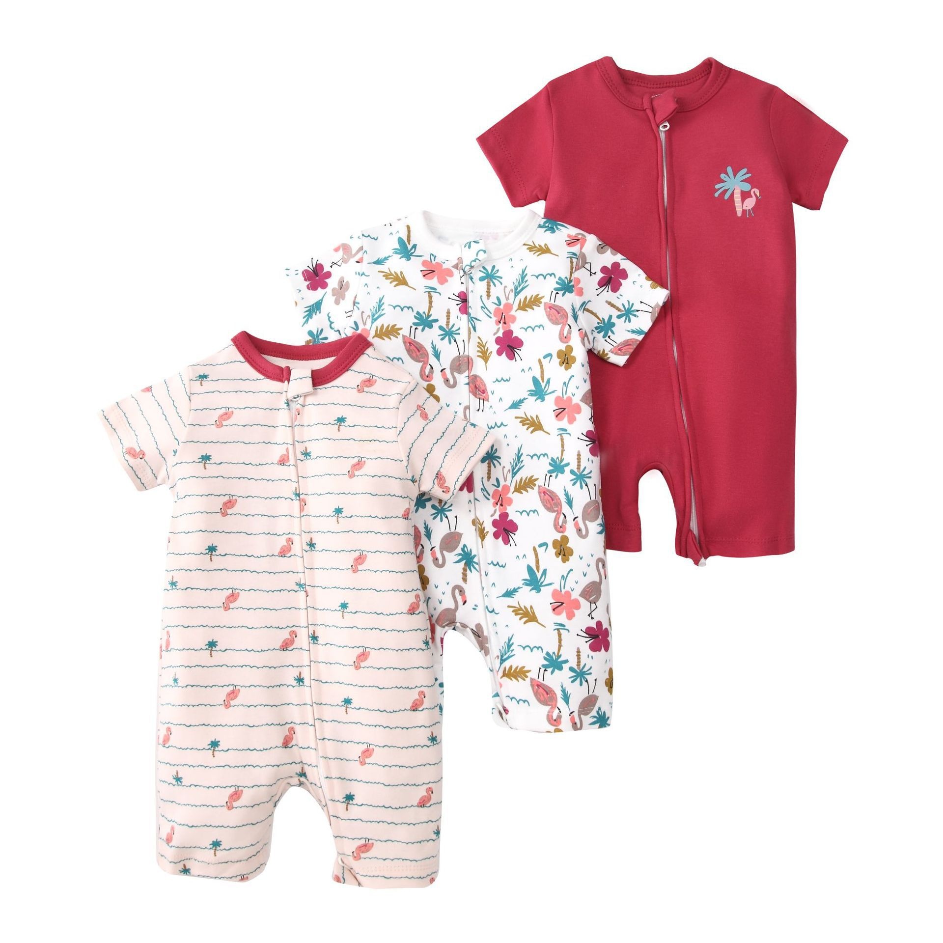 Baby 3-pack rompertjes met korte mouwen en ritssluiting - Zachte katoenen slaapzakjes