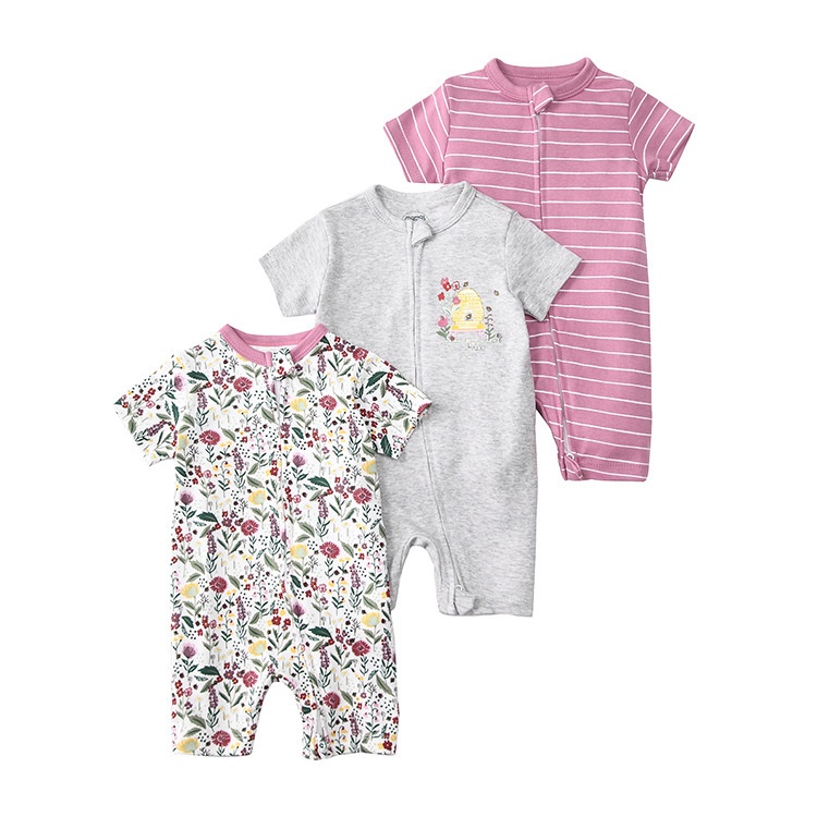Baby 3-pack rompertjes met korte mouwen en ritssluiting - Zachte katoenen slaapzakjes