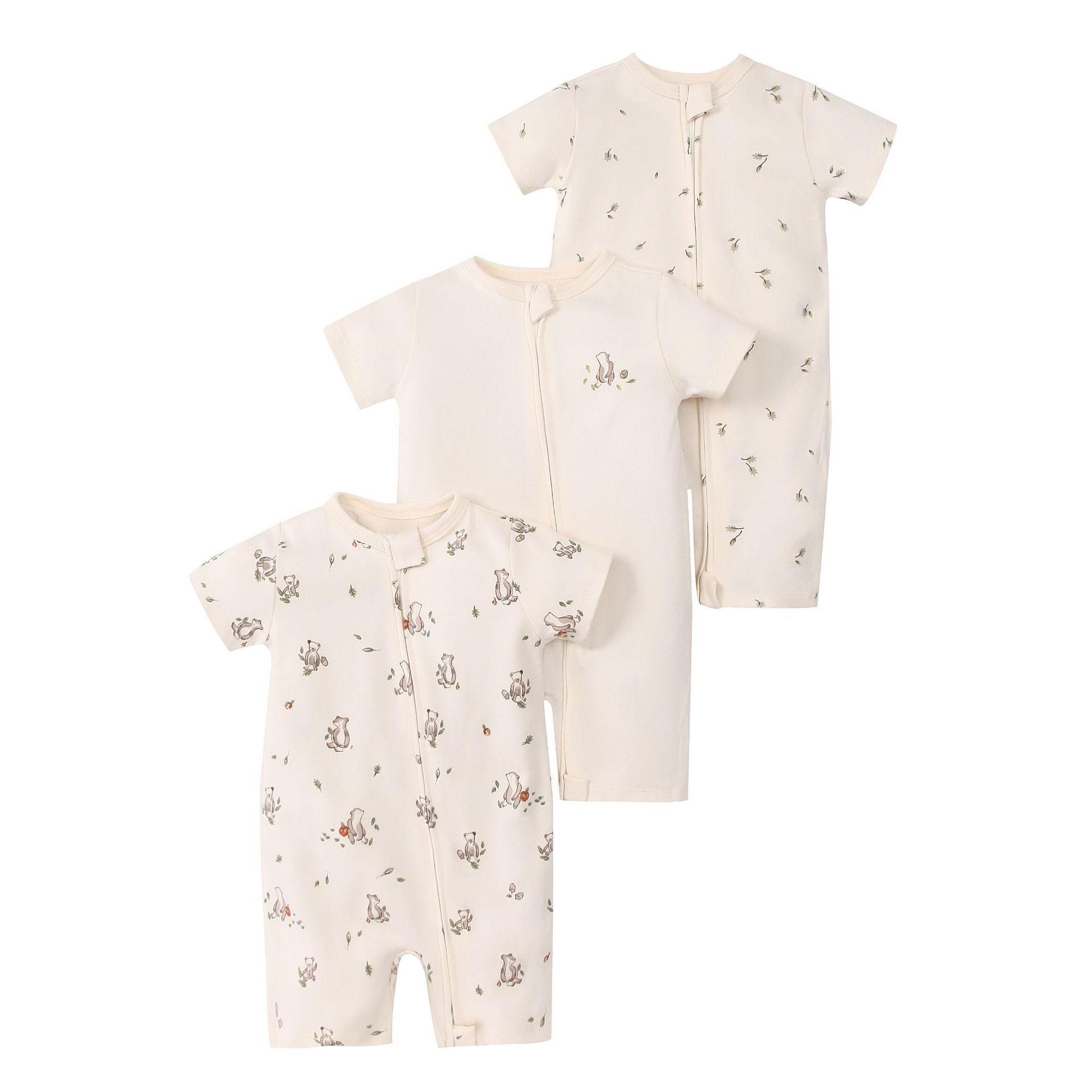 Baby 3-pack rompertjes met korte mouwen en ritssluiting - Zachte katoenen slaapzakjes
