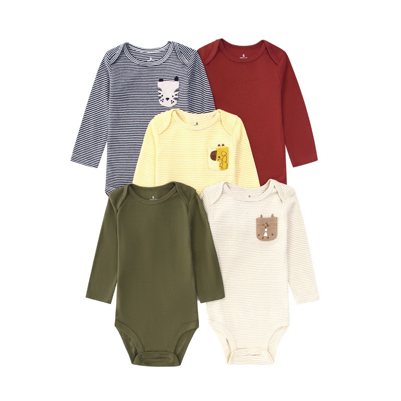 Babyrompertje met lange mouwen, 5 stuks, 2 zachte katoenen rompertjes met drukknoopjes.