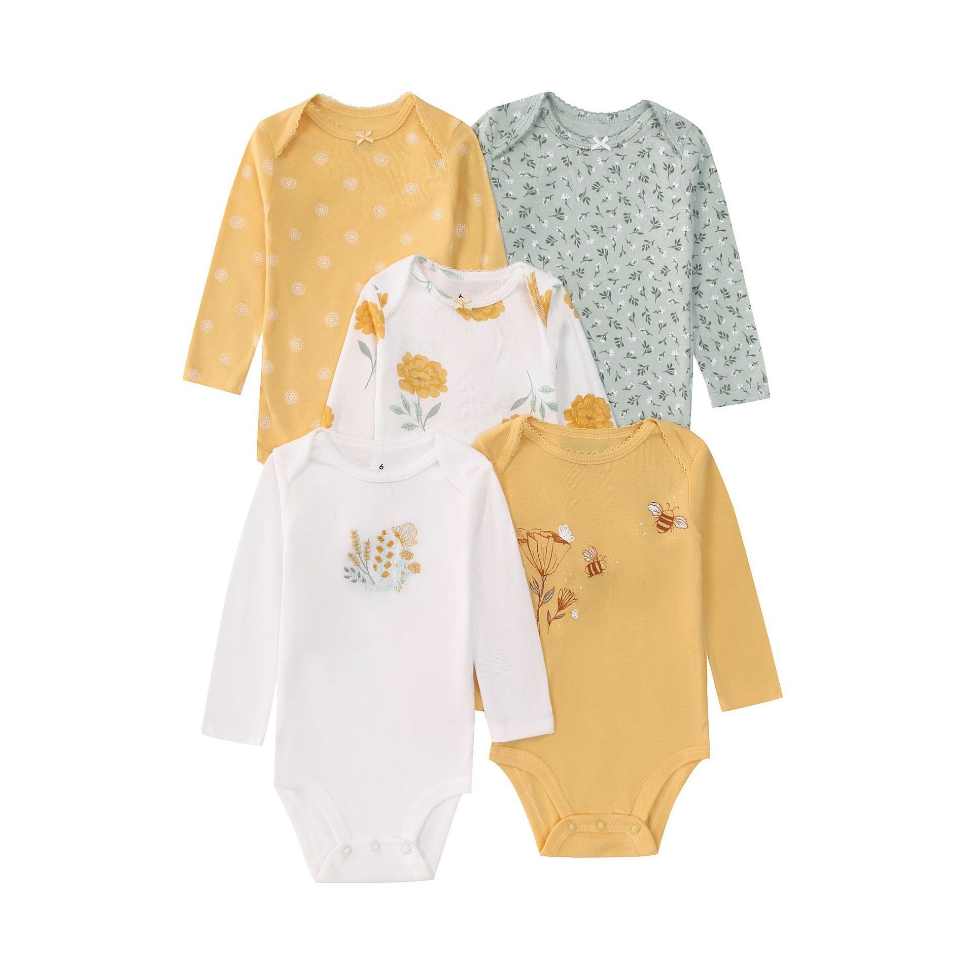 Babyrompertje met lange mouwen, 5 stuks, 2 zachte katoenen rompertjes met drukknoopjes.