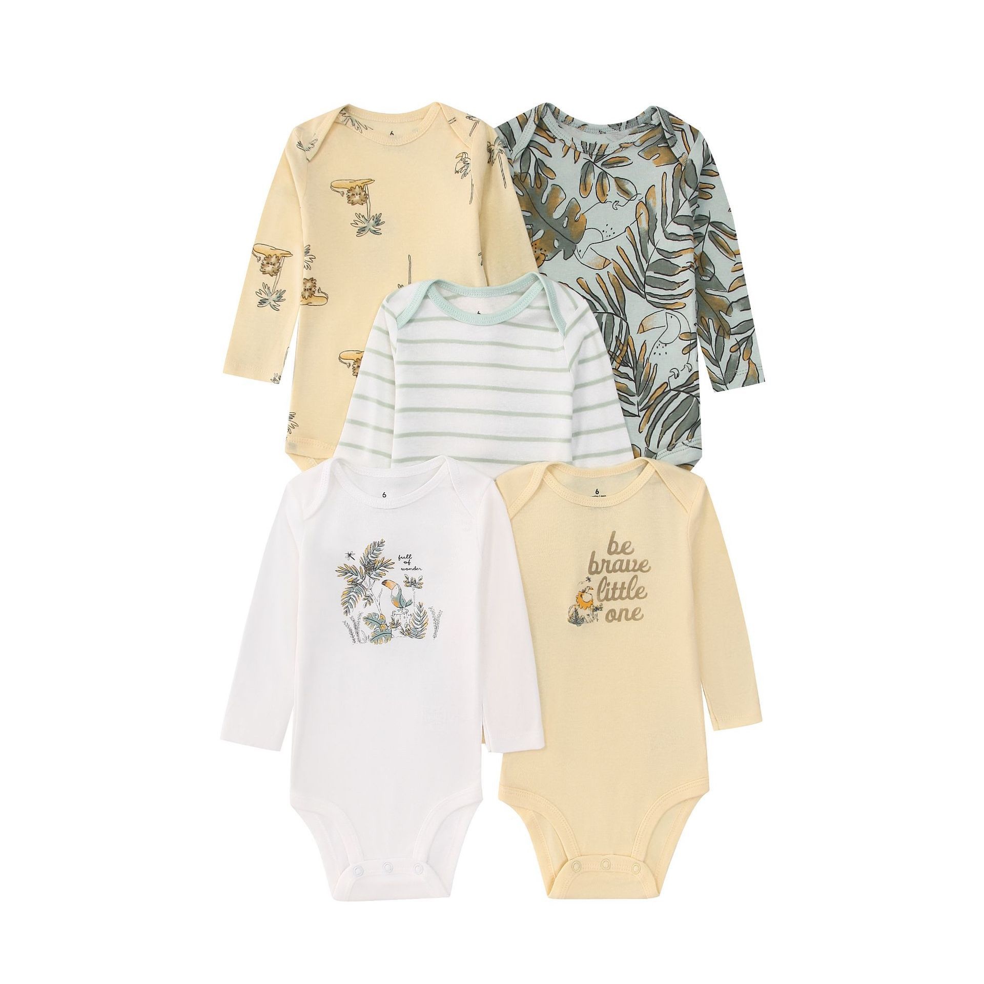 Babyrompertje met lange mouwen, 5 stuks, 2 zachte katoenen rompertjes met drukknoopjes.