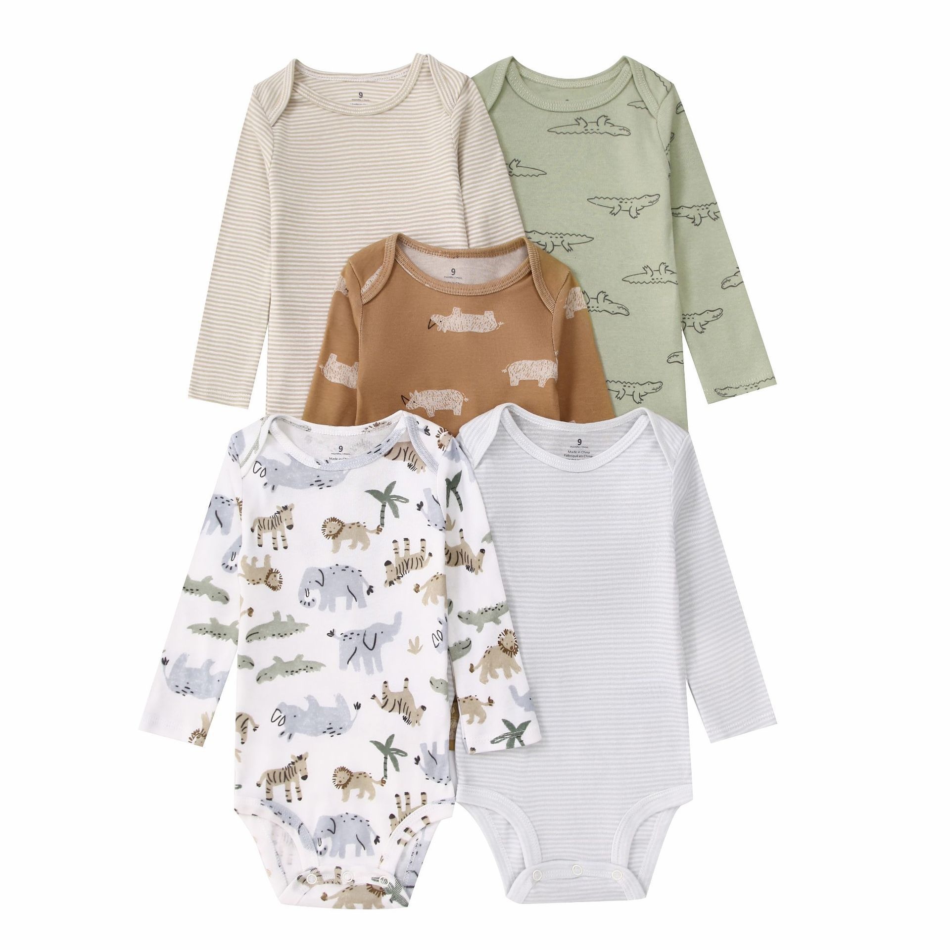 Babyrompertje met lange mouwen, 5 stuks, 2 zachte katoenen rompertjes met drukknoopjes.