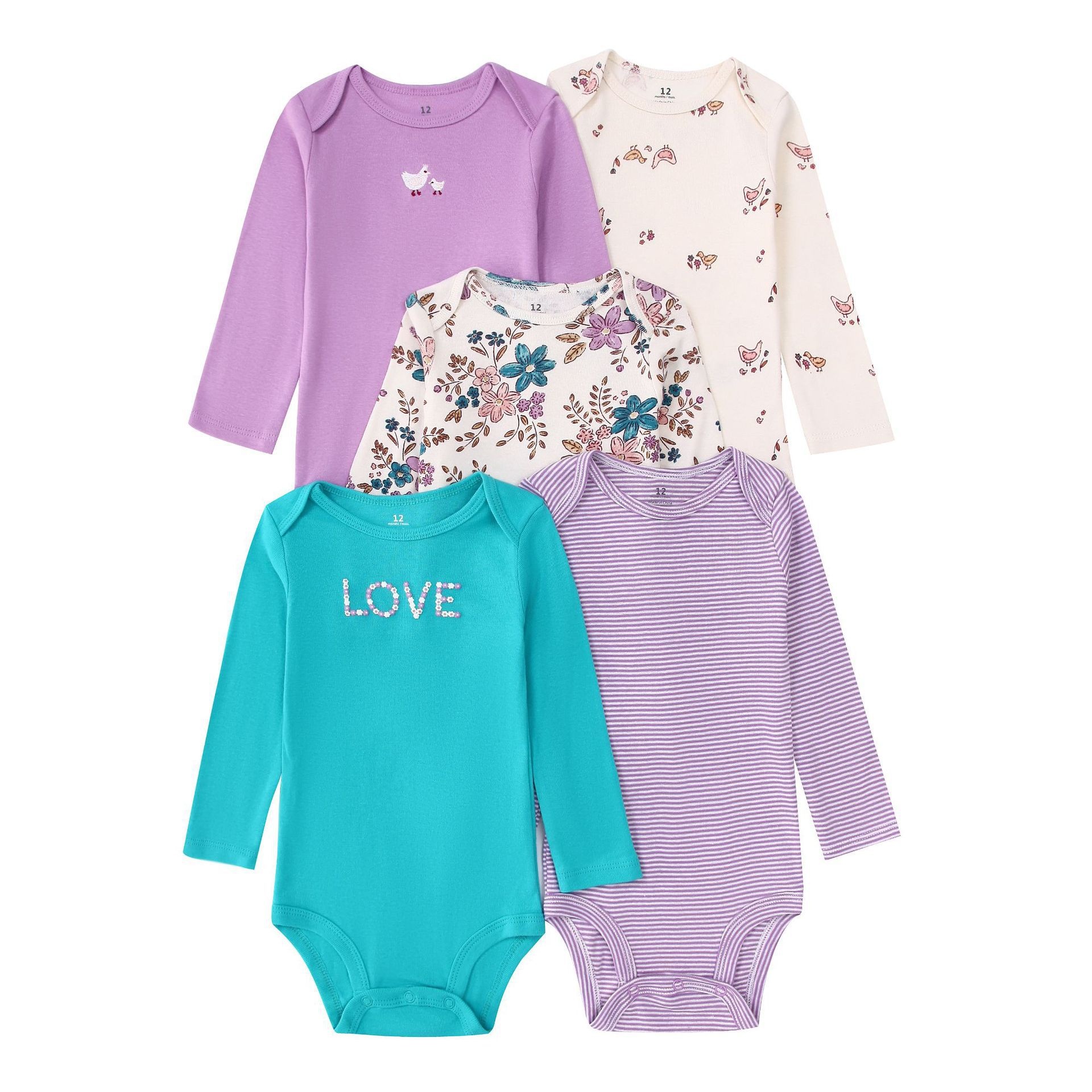 Babyrompertje met lange mouwen, 5 stuks, 2 zachte katoenen rompertjes met drukknoopjes.