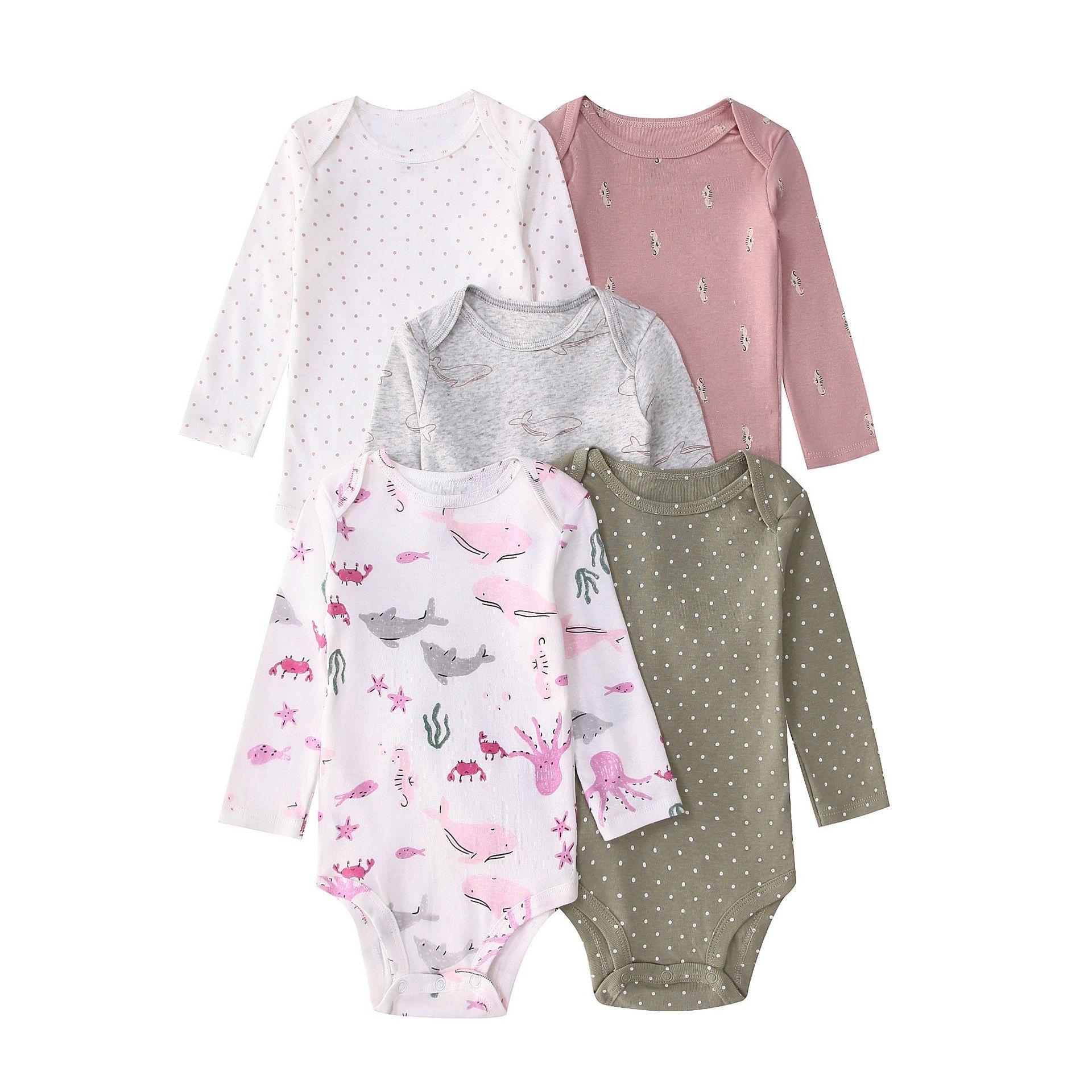 Babyrompertje met lange mouwen, 5 stuks, 2 zachte katoenen rompertjes met drukknoopjes.