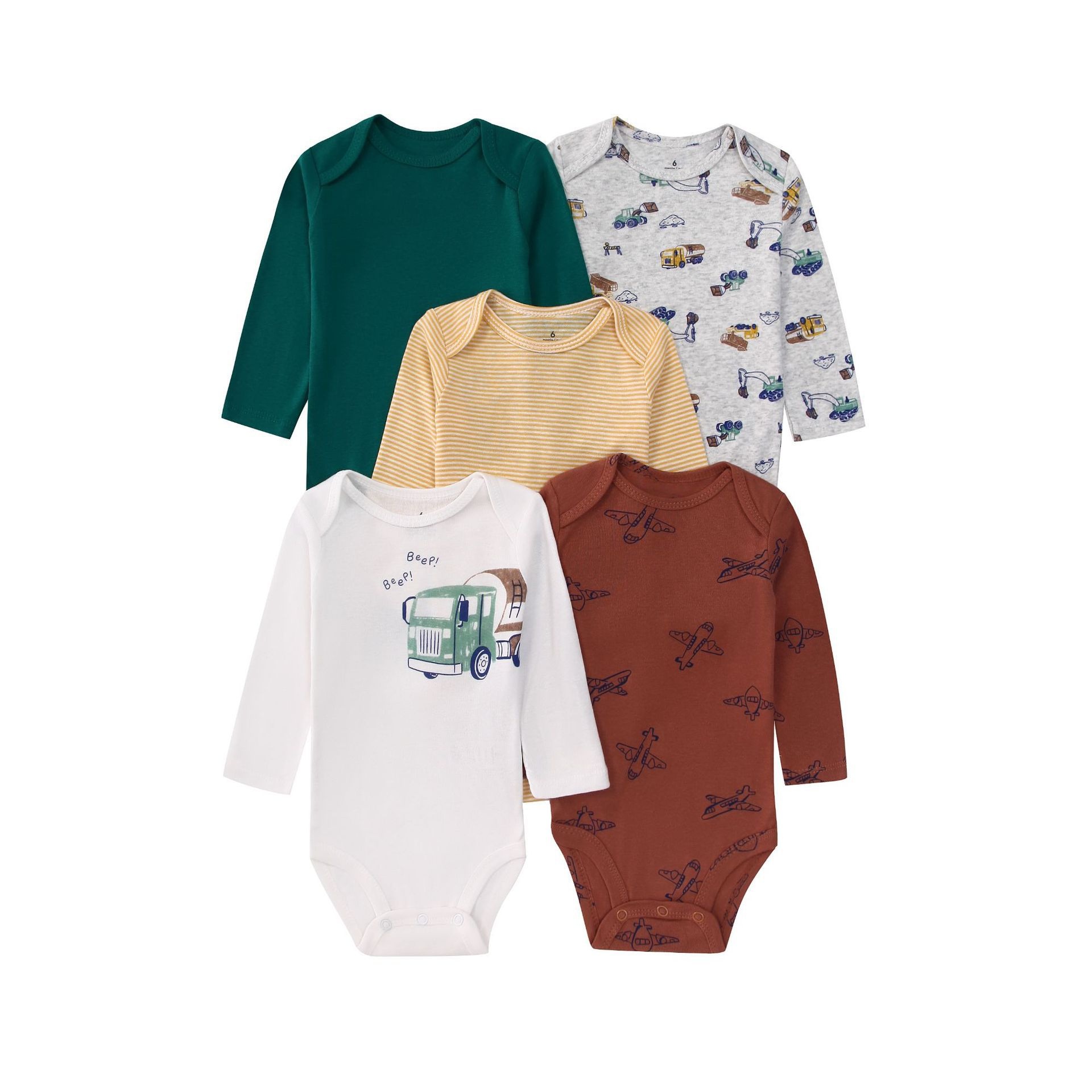 Babyrompertje met lange mouwen, 5 stuks, 2 zachte katoenen rompertjes met drukknoopjes.