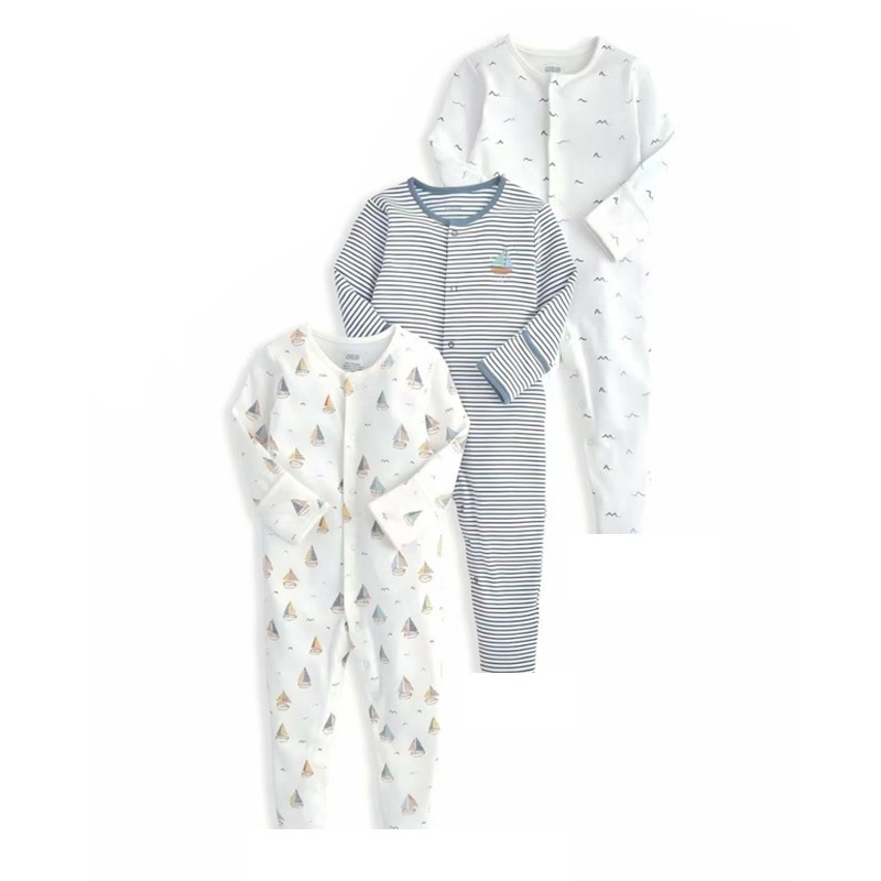 3-Pack Baby Long Sleeve Snap Rompers 2 - Soft Cotton Sleepsuits