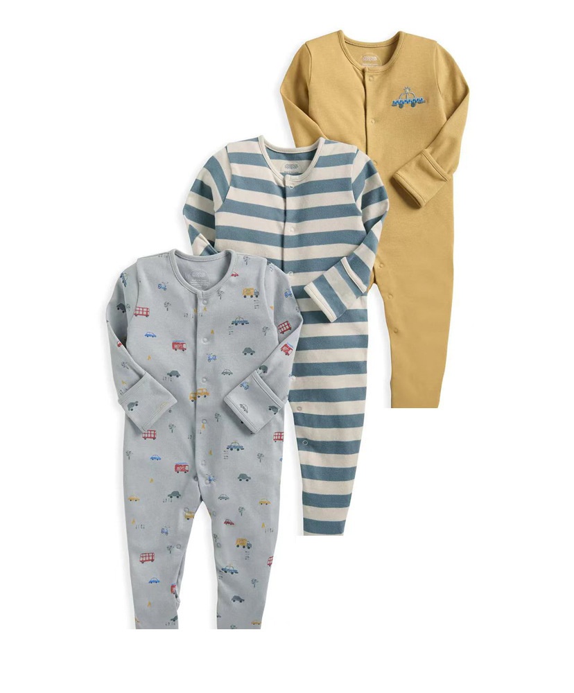 3-Pack Baby Long Sleeve Snap Rompers 3 - Soft Cotton Sleepsuits