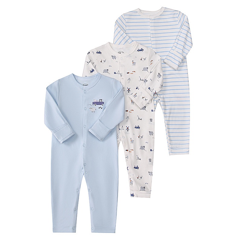 3-Pack Baby Long Sleeve Snap Rompers 4 - Soft Cotton Sleepsuits