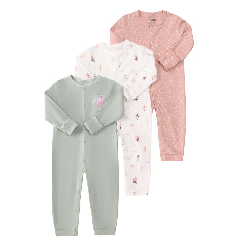 3-Pack Baby Long Sleeve Snap Rompers 4 - Soft Cotton Sleepsuits