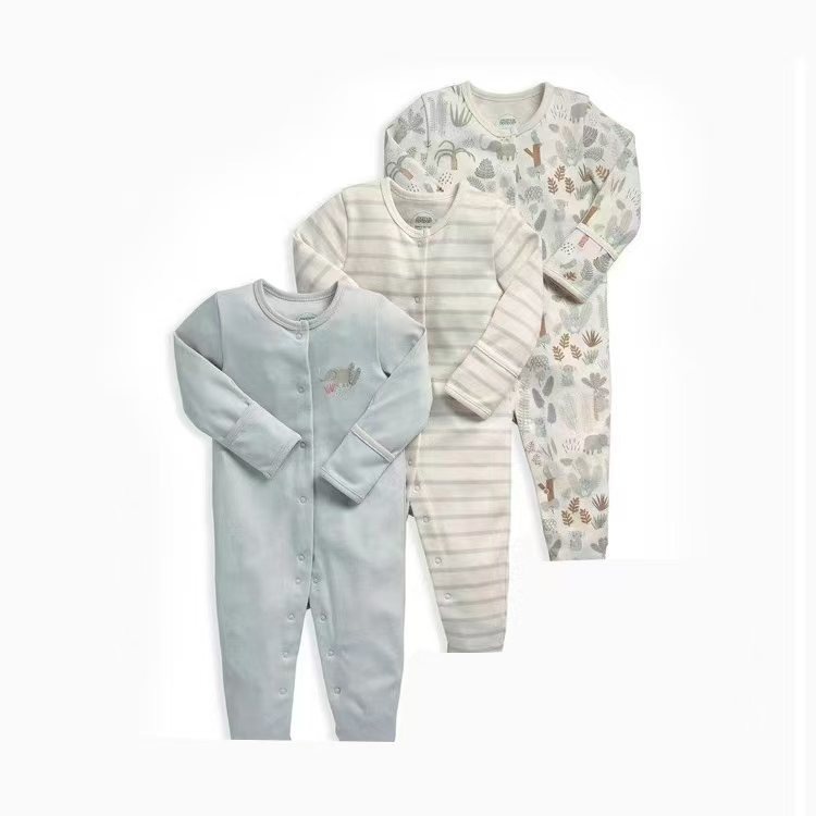 3-Pack Baby Long Sleeve Snap Rompers 4 - Soft Cotton Sleepsuits