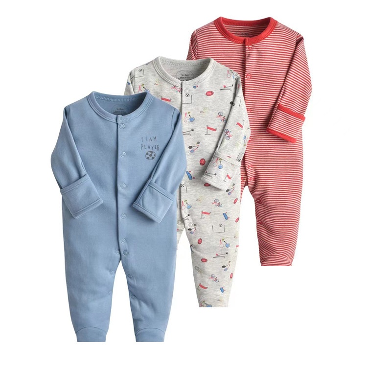 3-Pack Baby Long Sleeve Snap Rompers 3 - Soft Cotton Sleepsuits