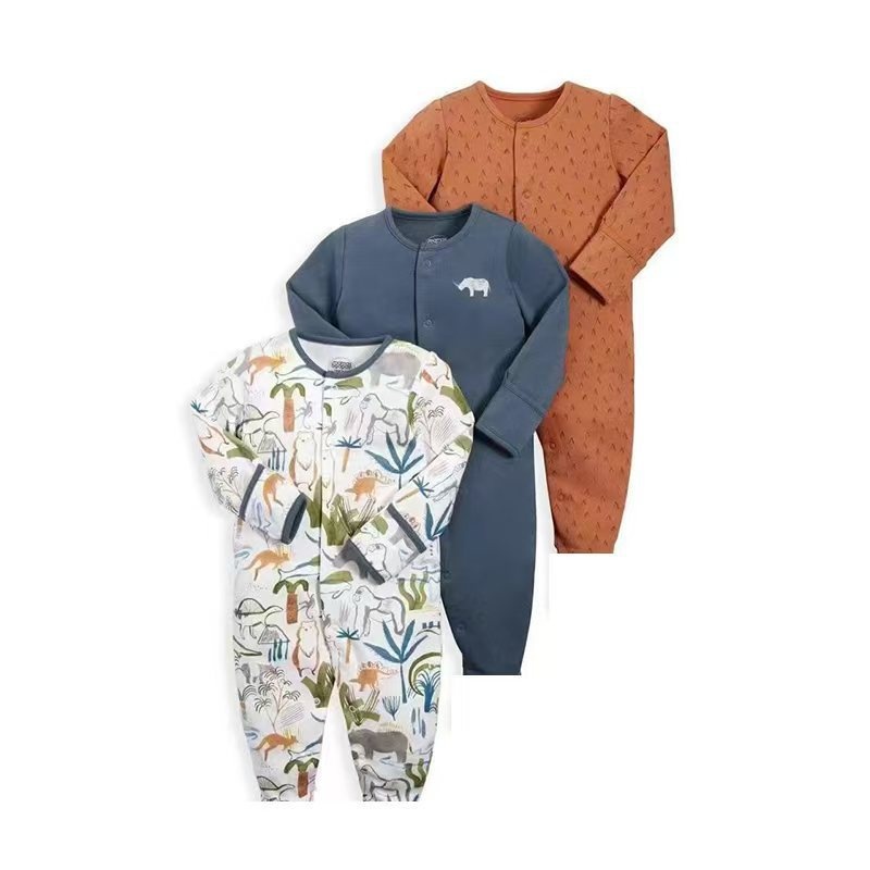 3-Pack Baby Long Sleeve Snap Rompers 3 - Soft Cotton Sleepsuits