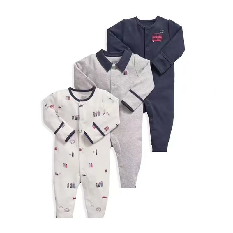 3-Pack Baby Long Sleeve Snap Rompers 4 - Soft Cotton Sleepsuits