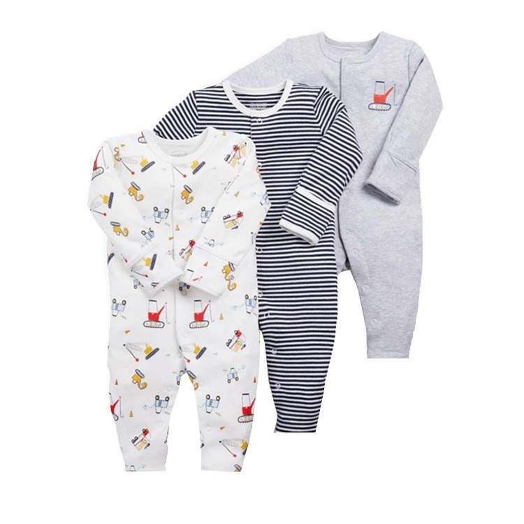 3-Pack Baby Long Sleeve Snap Rompers 4 - Soft Cotton Sleepsuits