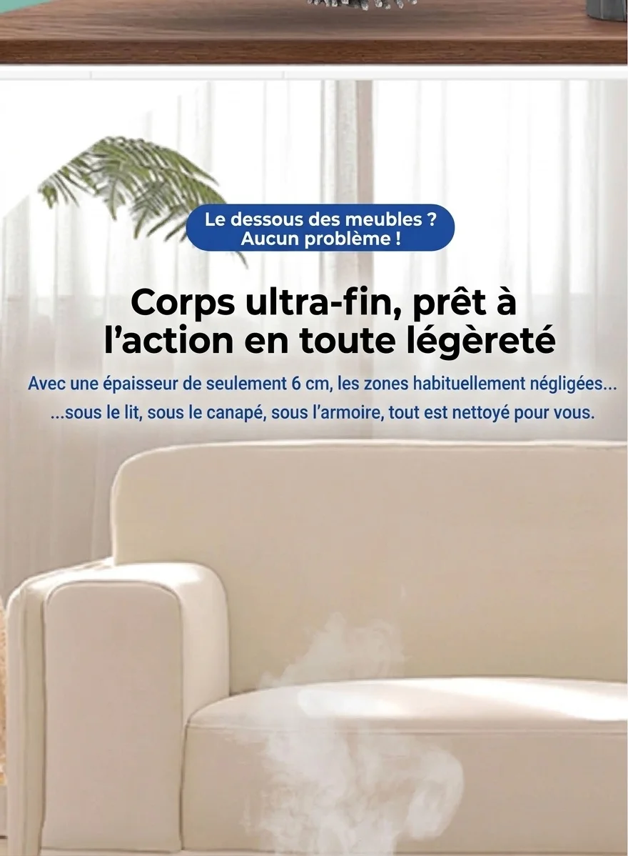 Robot laveur de sols intelligent, nettoyeur de sols automatique avec brumisation humidifiante et stérilisation UV, design fin de 6 cm, lavage à sec/humide, fonctionnement silencieux, autonomie de 90 minutes