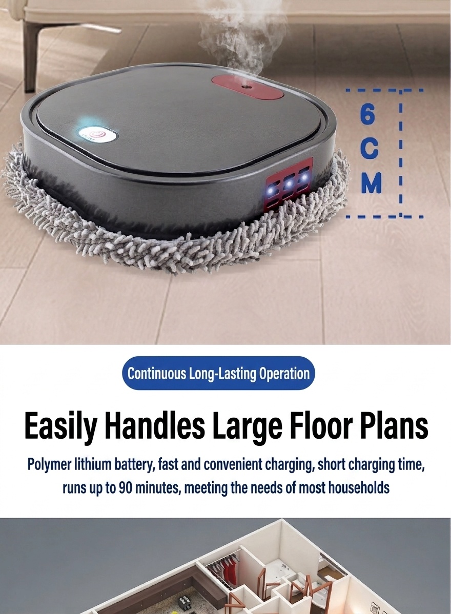 Smart Robot Mop, Auto Floor Cleaner with Humidifying Mist & UV Light Sterilization, Slim 6cm Design, Dry/Wet Mopping, Quiet Operation, 90-Min Battery Life