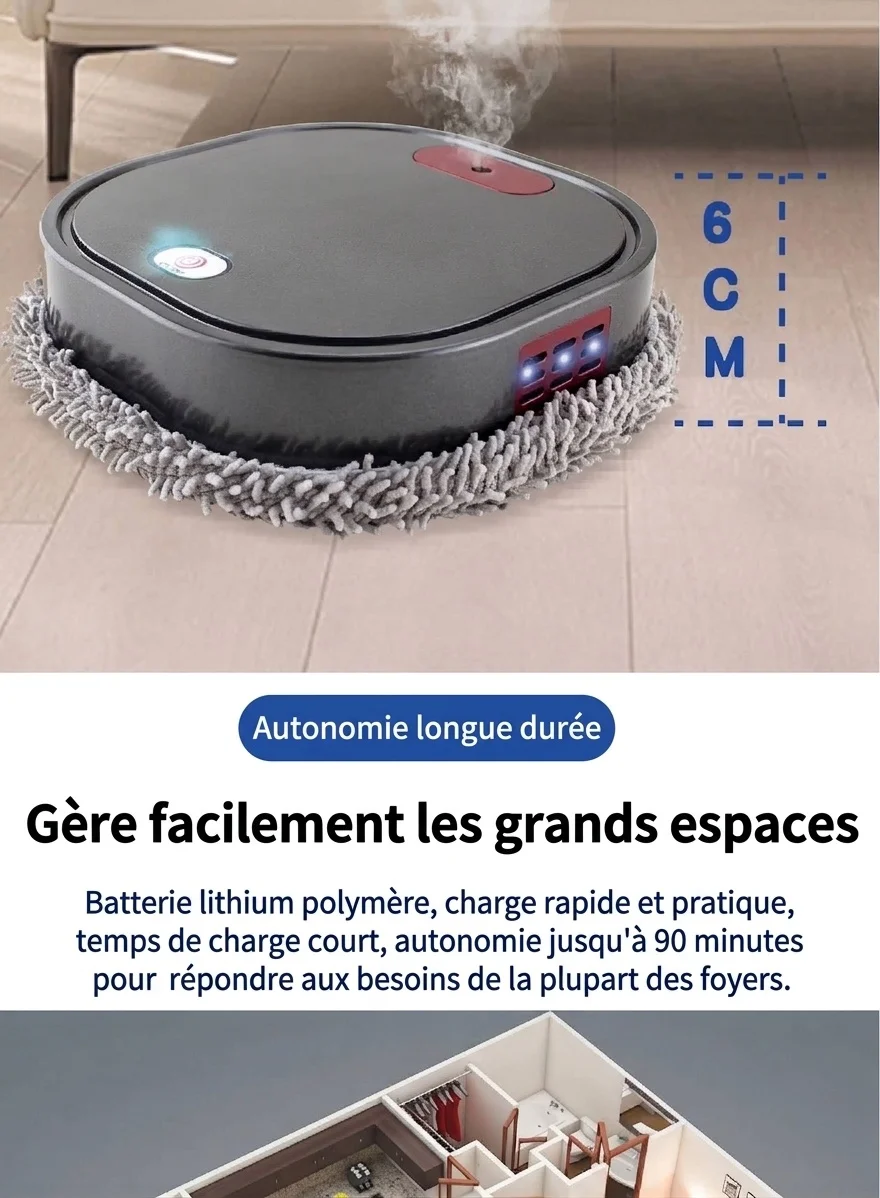 Robot laveur de sols intelligent, nettoyeur de sols automatique avec brumisation humidifiante et stérilisation UV, design fin de 6 cm, lavage à sec/humide, fonctionnement silencieux, autonomie de 90 minutes