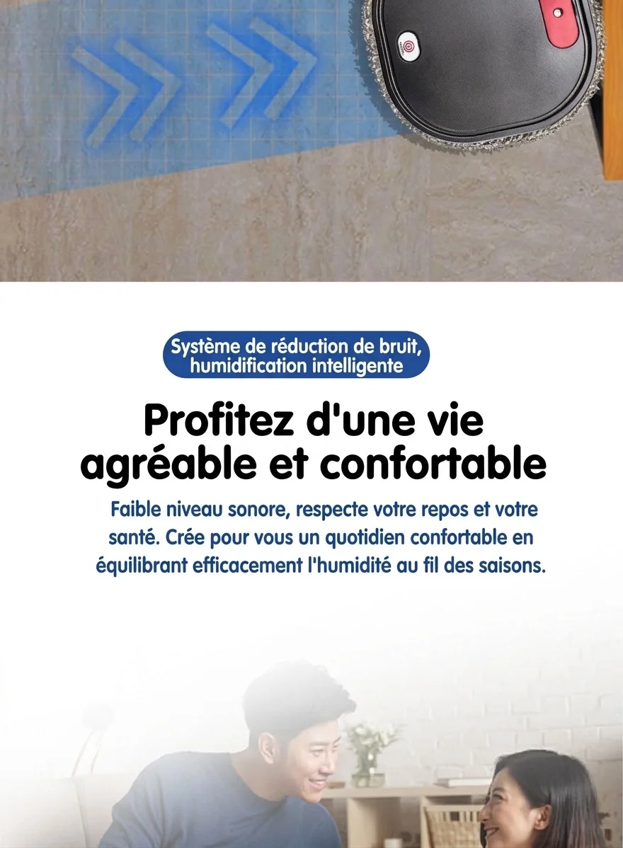 Robot laveur de sols intelligent, nettoyeur de sols automatique avec brumisation humidifiante et stérilisation UV, design fin de 6 cm, lavage à sec/humide, fonctionnement silencieux, autonomie de 90 minutes